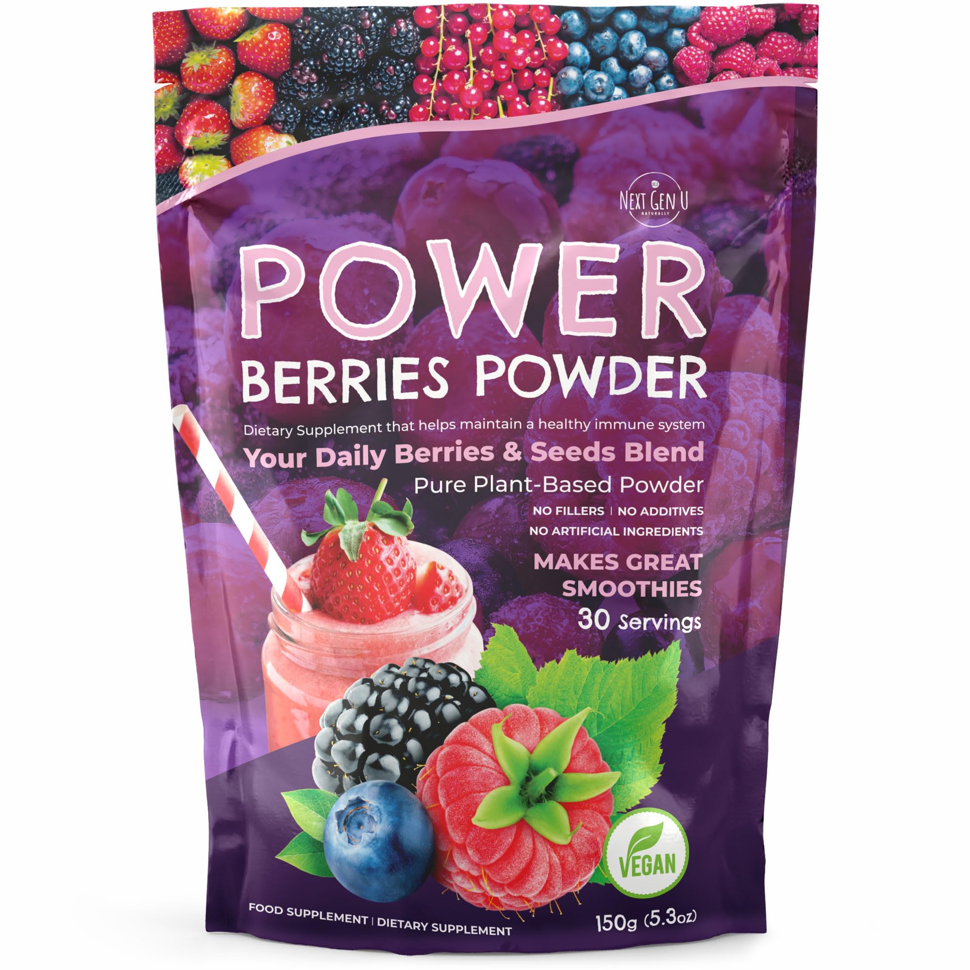 Super Berry Powder - 150g - Immune Support - Food Supplement - Superfood Berries - Smoothie Mix for Shakes - Healthy Boost for Detox Juice Beverages or Any Drink - by NextGenU - TrustMedUSA
