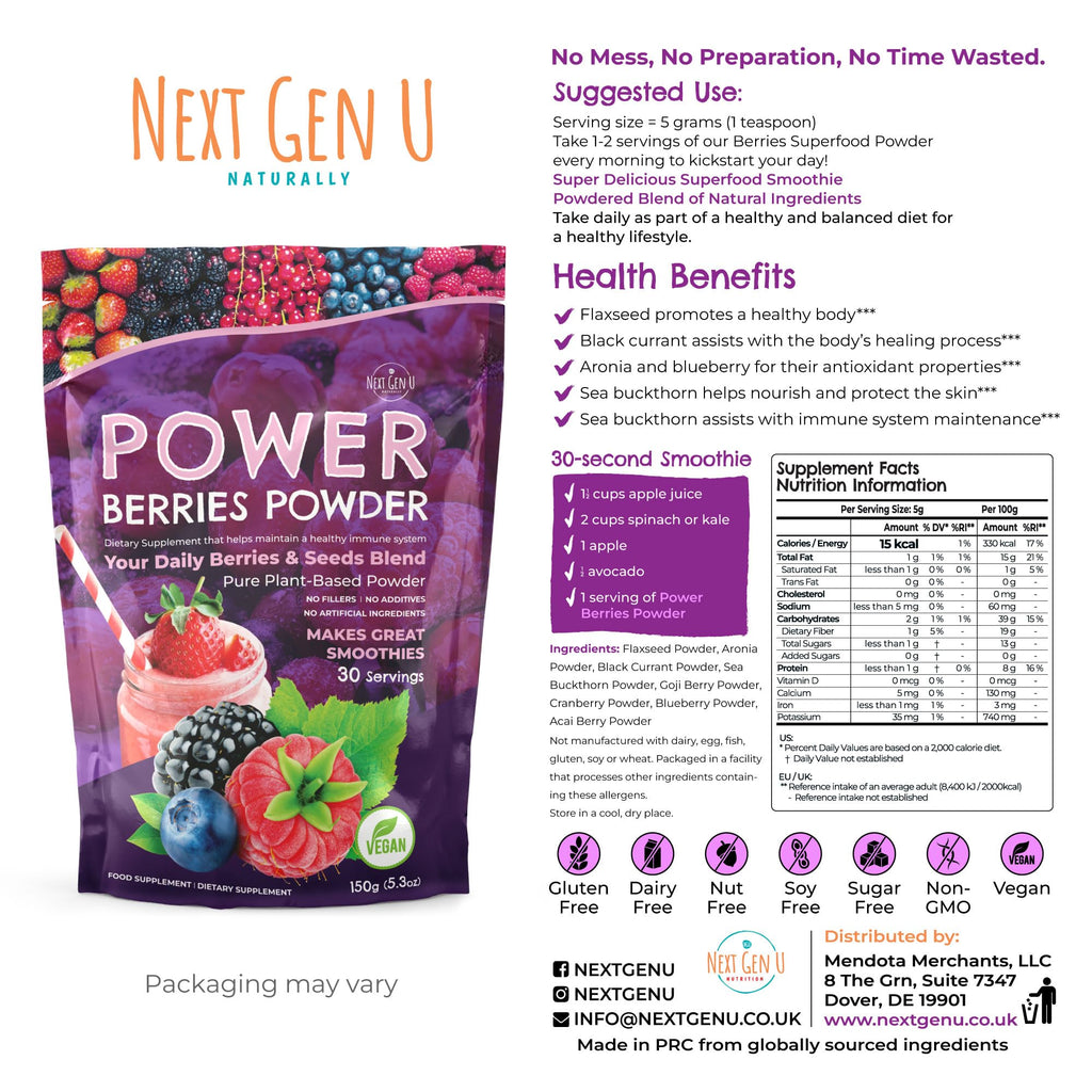 Super Berry Powder - 150g - Immune Support - Food Supplement - Superfood Berries - Smoothie Mix for Shakes - Healthy Boost for Detox Juice Beverages or Any Drink - by NextGenU - TrustMedUSA