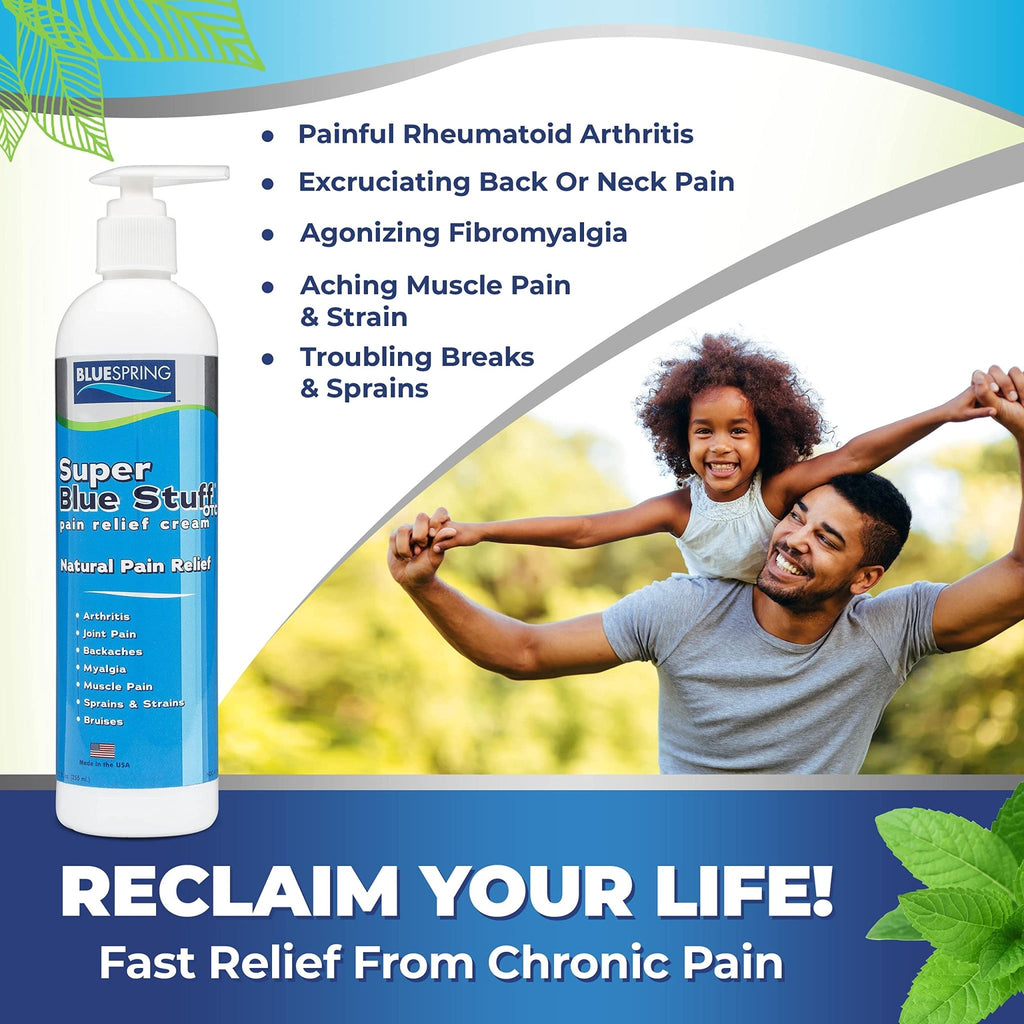 Super Blue Stuff OTC 12-oz. Pump Bottle - Natural, Made in USA, Paraben-free, Works in As Little As 5 Minutes for Joint/Muscle Pain, Backaches, Sprains/Strains, Bruises & Arthritis by Blue Spring - TrustMedUSA