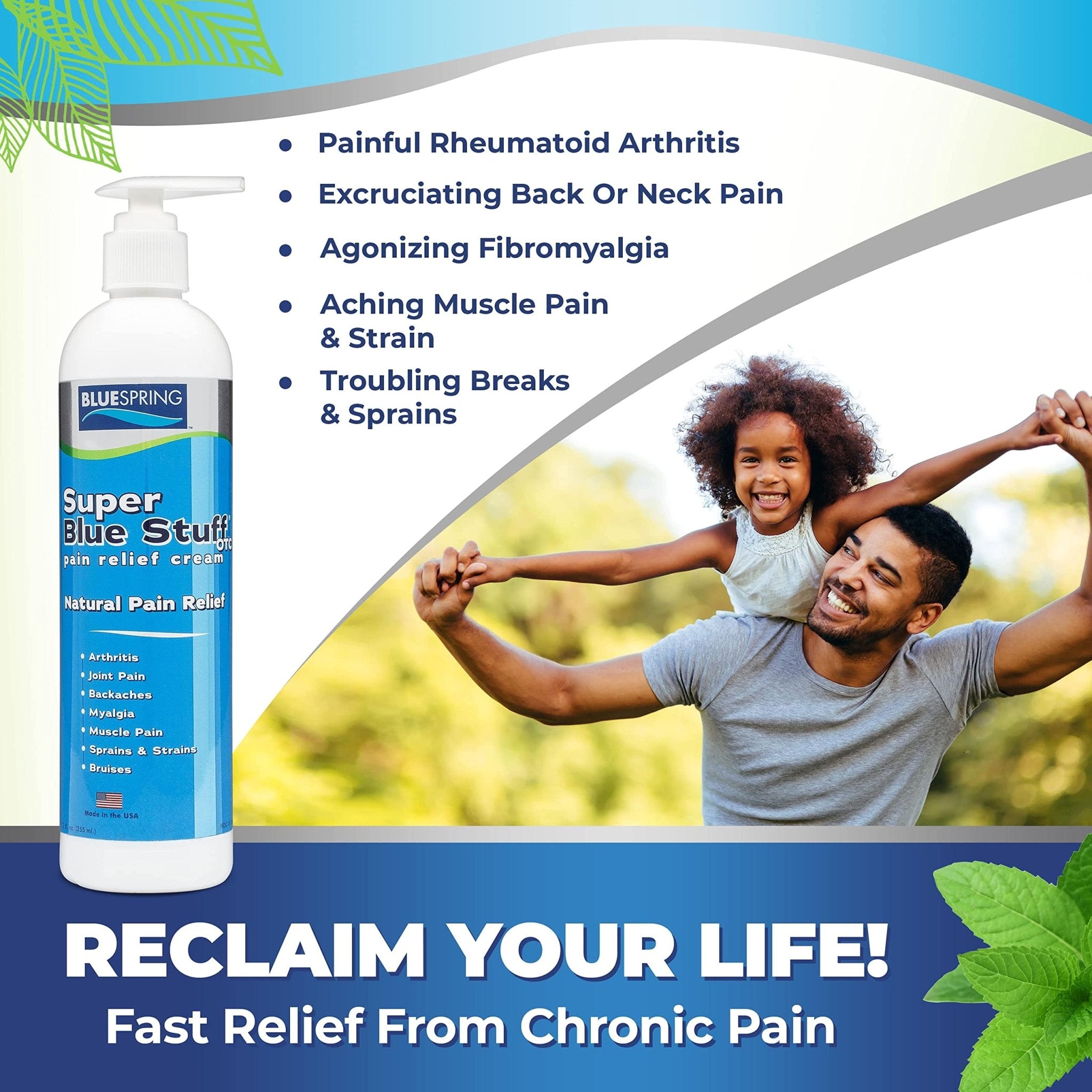 Super Blue Stuff OTC 12-oz. Pump Bottle - Natural, Made in USA, Paraben-free, Works in As Little As 5 Minutes for Joint/Muscle Pain, Backaches, Sprains/Strains, Bruises & Arthritis by Blue Spring - TrustMedUSA