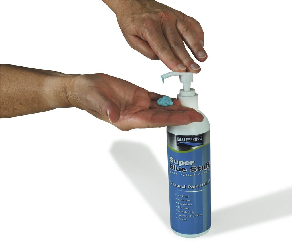 Super Blue Stuff OTC 12-oz. Pump Bottle - Natural, Made in USA, Paraben-free, Works in As Little As 5 Minutes for Joint/Muscle Pain, Backaches, Sprains/Strains, Bruises & Arthritis by Blue Spring - TrustMedUSA