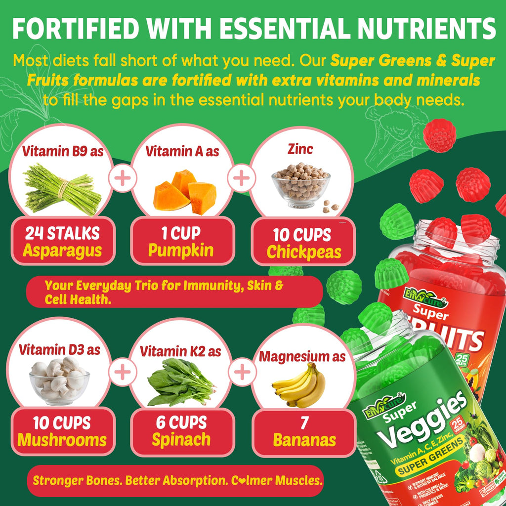 Super Greens Gummies, Daily Green Superfood Supplement w/Spirulina, Chlorella, Mushrooms, Probiotics, Multivitamins, 50+ Super Greens & Veggies Gummies to Boost Immunity, Energy & Gut Health, 120cts - TrustMedUSA