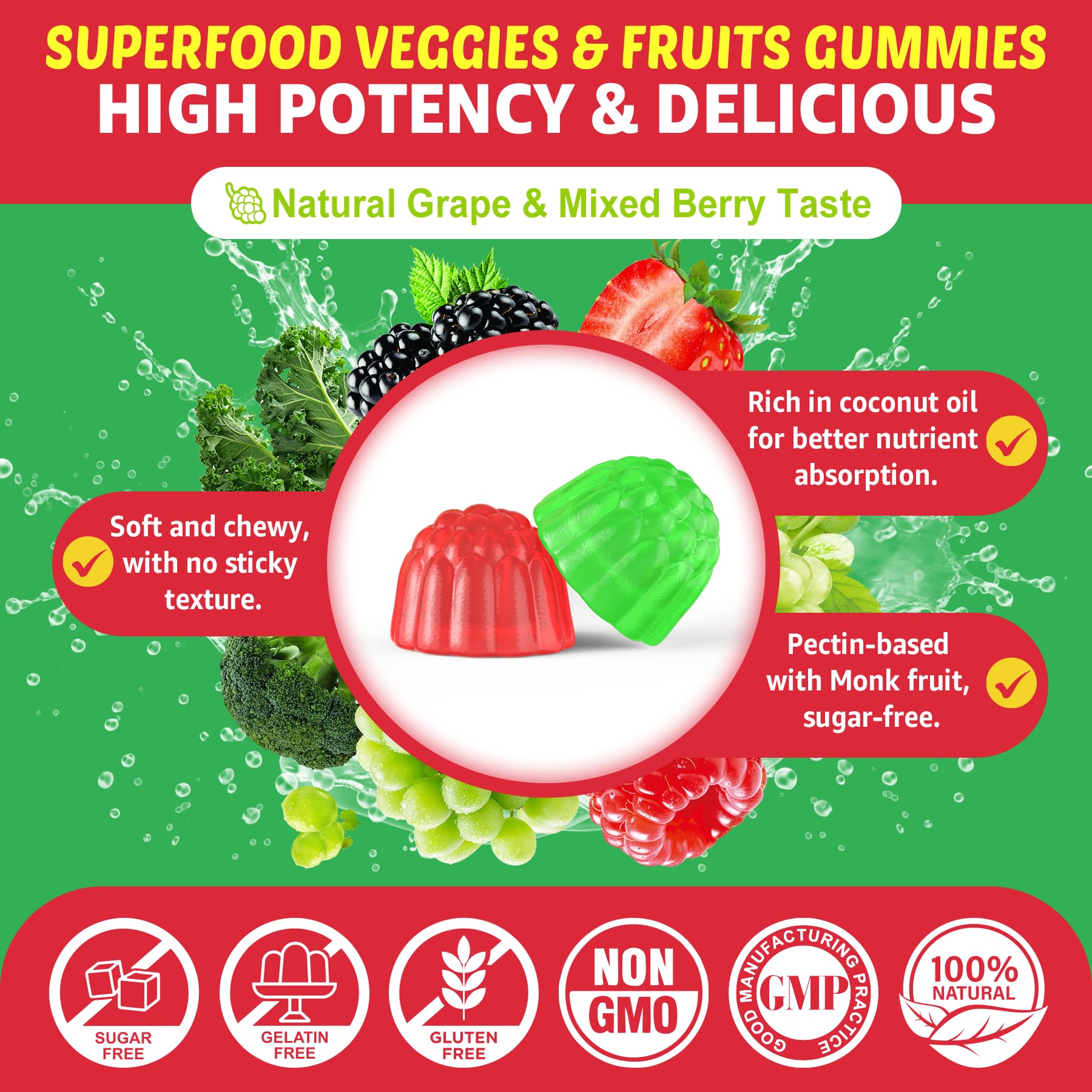 Super Greens Gummies, Daily Green Superfood Supplement w/Spirulina, Chlorella, Mushrooms, Probiotics, Multivitamins, 50+ Super Greens & Veggies Gummies to Boost Immunity, Energy & Gut Health, 120cts - TrustMedUSA