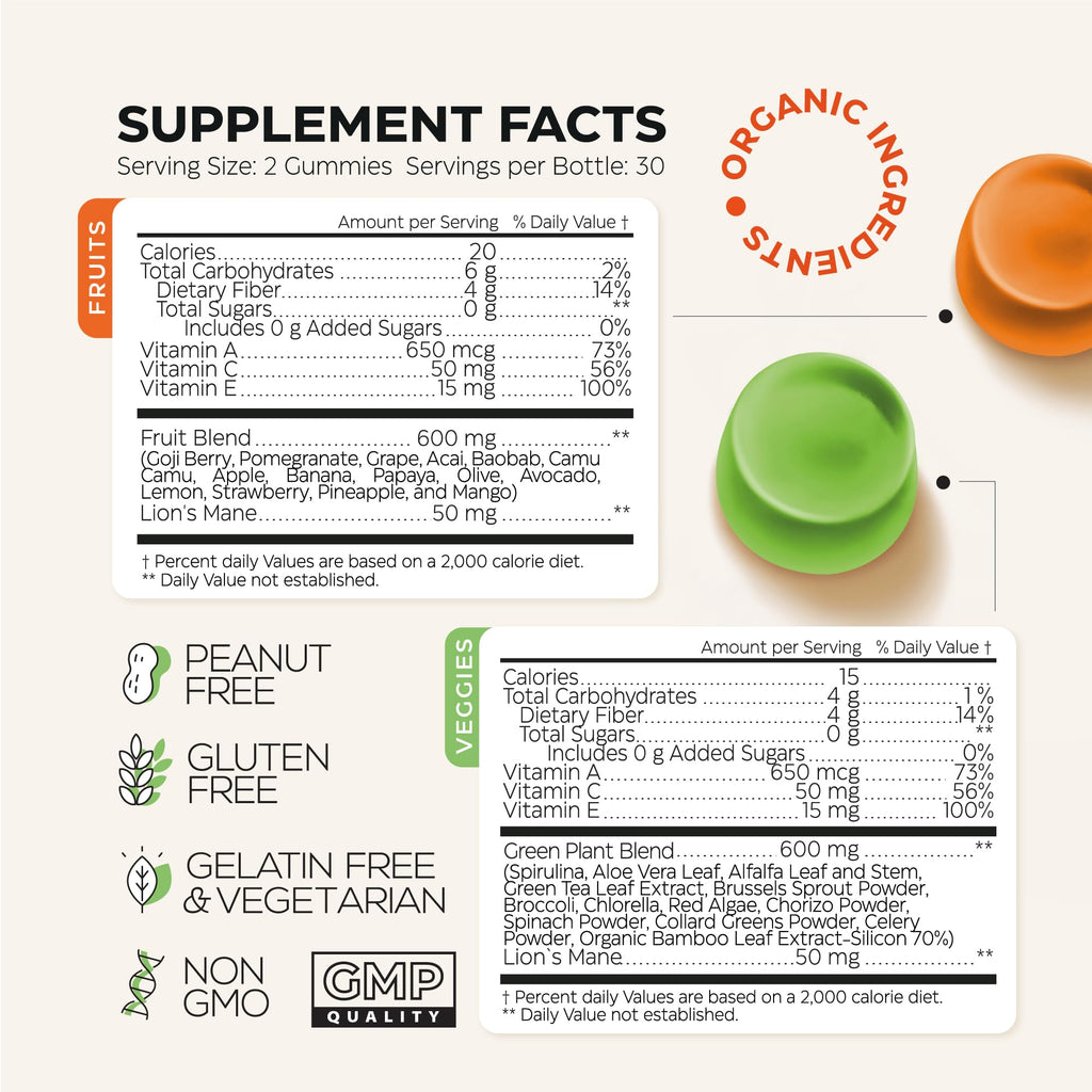 Super Greens + Super Fruits Gummies (Fruits/Greens Powder in Gummies Form) - 600mg Greens Blend + 600mg Fruits Blend for Immune Support, Sugar Free, Vegetarian, Non-GMO, 2-Pack (120 Gummies) - TrustMedUSA