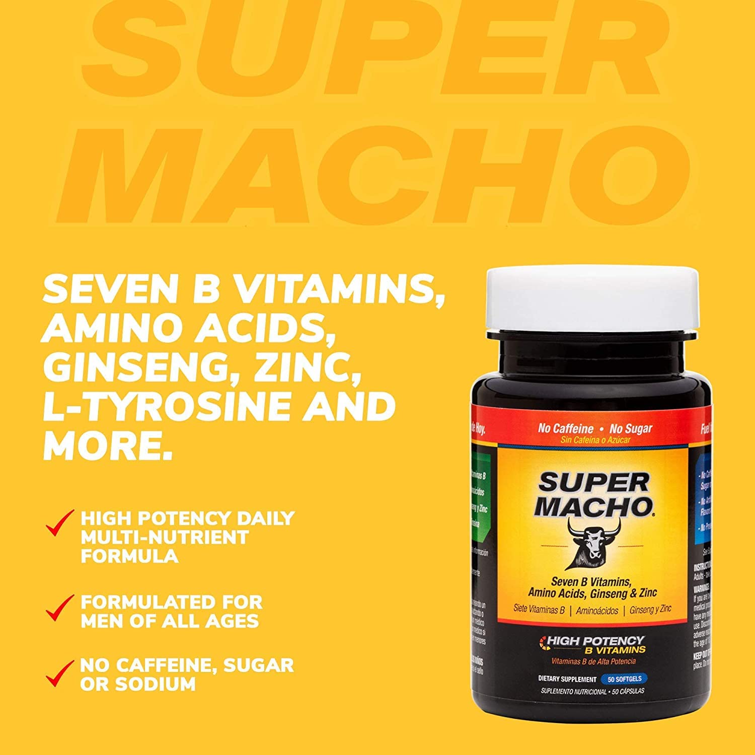 Super Macho Dietary Supplement with High Potency Zinc & 7 B Vitamins, No Preservatives, Sugar or Caffeine, Made in USA, 50 Softgels (3 Pack) - TrustMedUSA