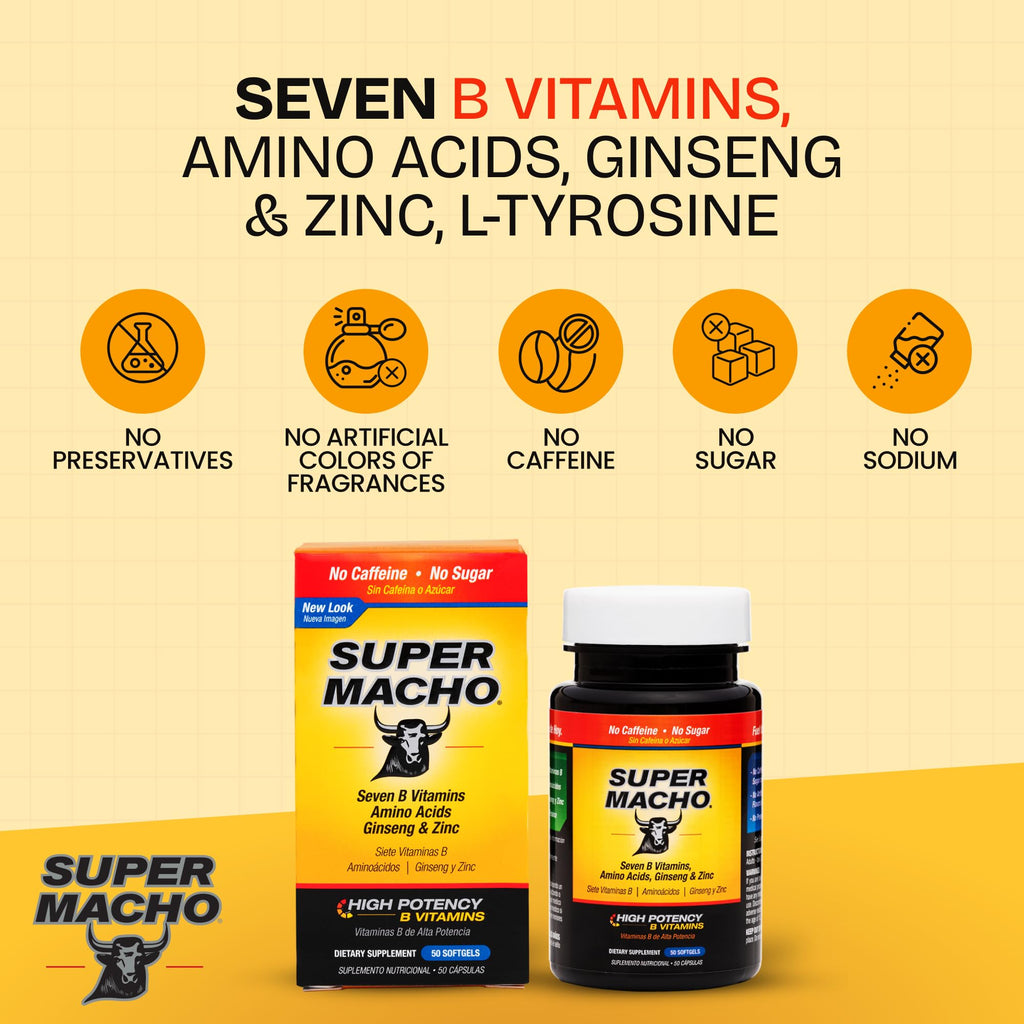 Super Macho, High Potency B Vitamins and Amino Acids, Fuel for Today's Active Men, No Caffeine, No Sugar, Dietary Supplement, Made in USA,50 Softgels - TrustMedUSA