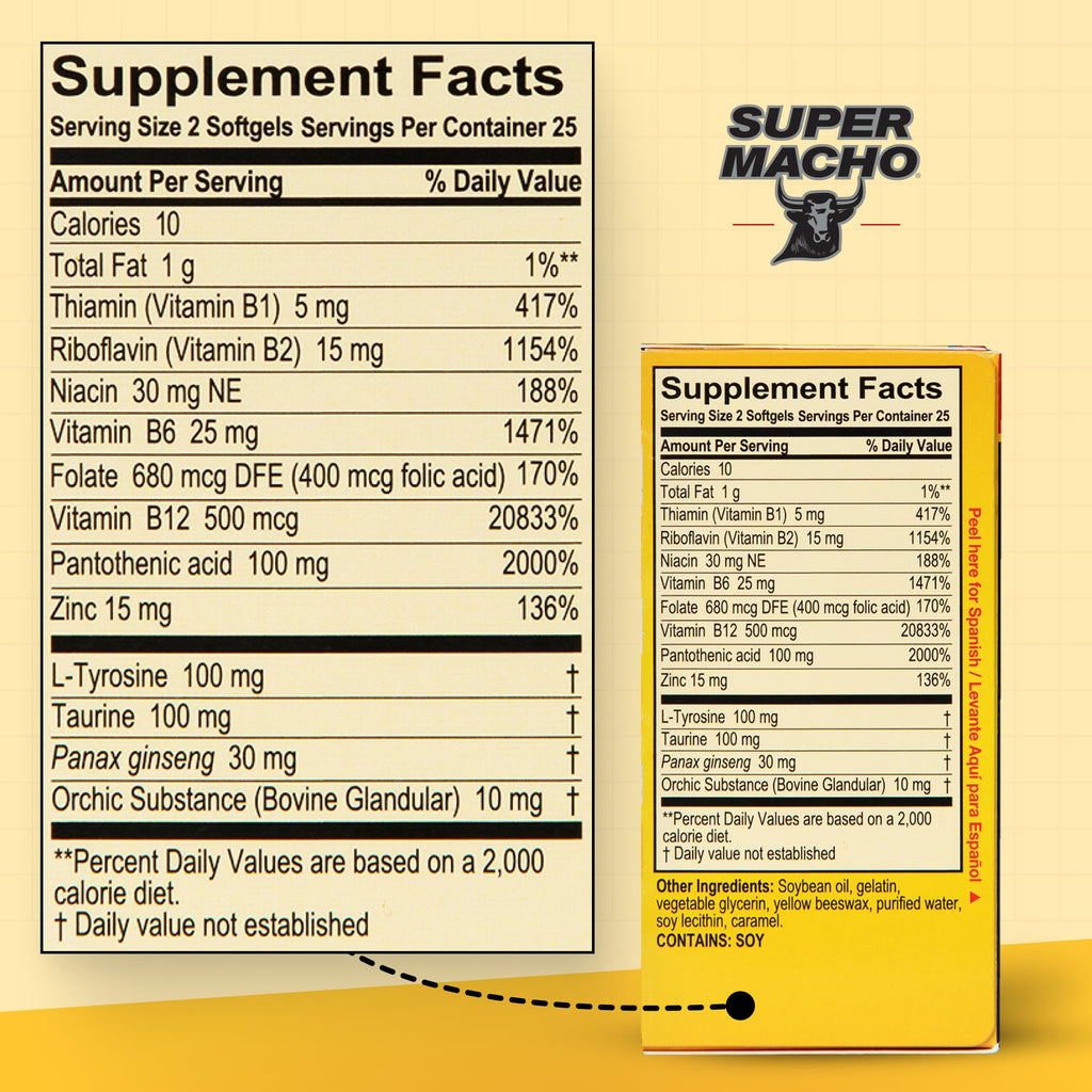 Super Macho, High Potency B Vitamins and Amino Acids, Fuel for Today's Active Men, No Caffeine, No Sugar, Dietary Supplement, Made in USA,50 Softgels - TrustMedUSA