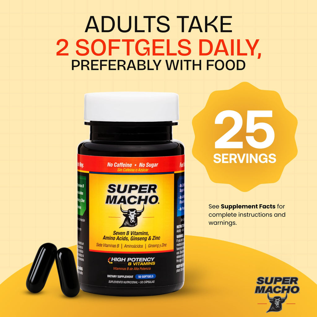 Super Macho, High Potency B Vitamins and Amino Acids, Fuel for Today's Active Men, No Caffeine, No Sugar, Dietary Supplement, Made in USA,50 Softgels - TrustMedUSA