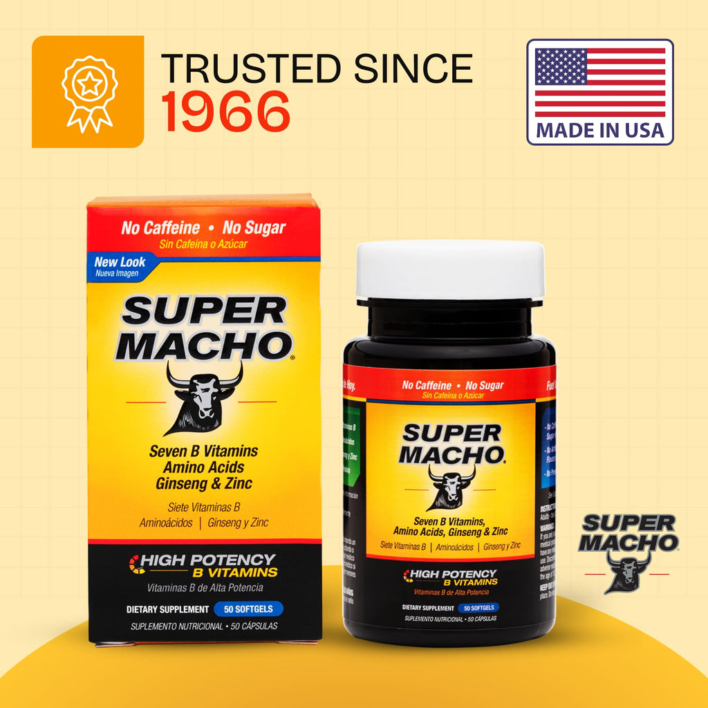 Super Macho, High Potency B Vitamins and Amino Acids, Fuel for Today's Active Men, No Caffeine, No Sugar, Dietary Supplement, Made in USA,50 Softgels - TrustMedUSA