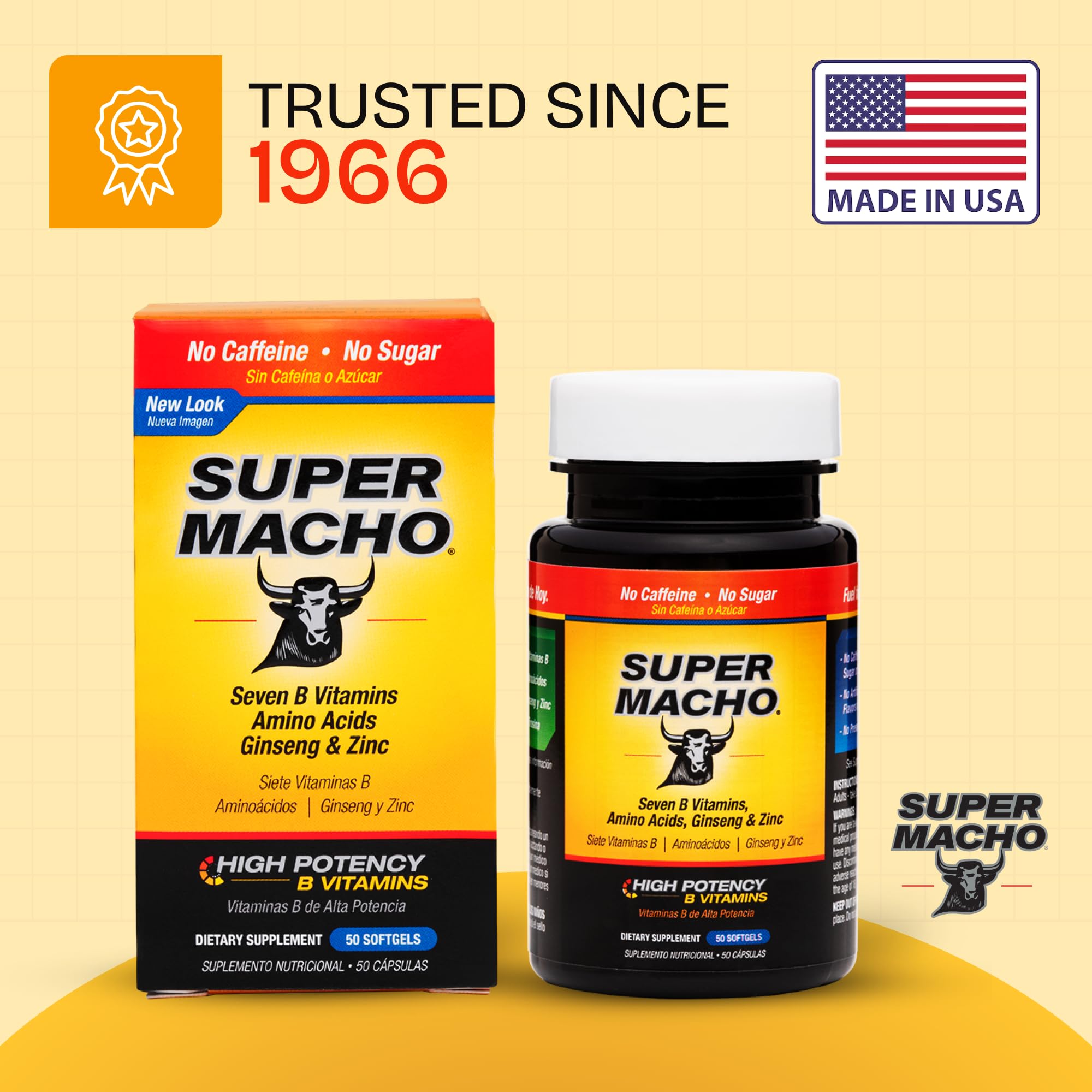 Super Macho, High Potency B Vitamins and Amino Acids, Fuel for Today's Active Men, No Caffeine, No Sugar, Dietary Supplement, Made in USA,50 Softgels - TrustMedUSA