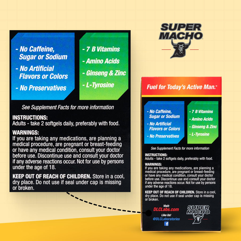 Super Macho, High Potency B Vitamins and Amino Acids, Fuel for Today's Active Men, No Caffeine, No Sugar, Dietary Supplement, Made in USA,50 Softgels - TrustMedUSA