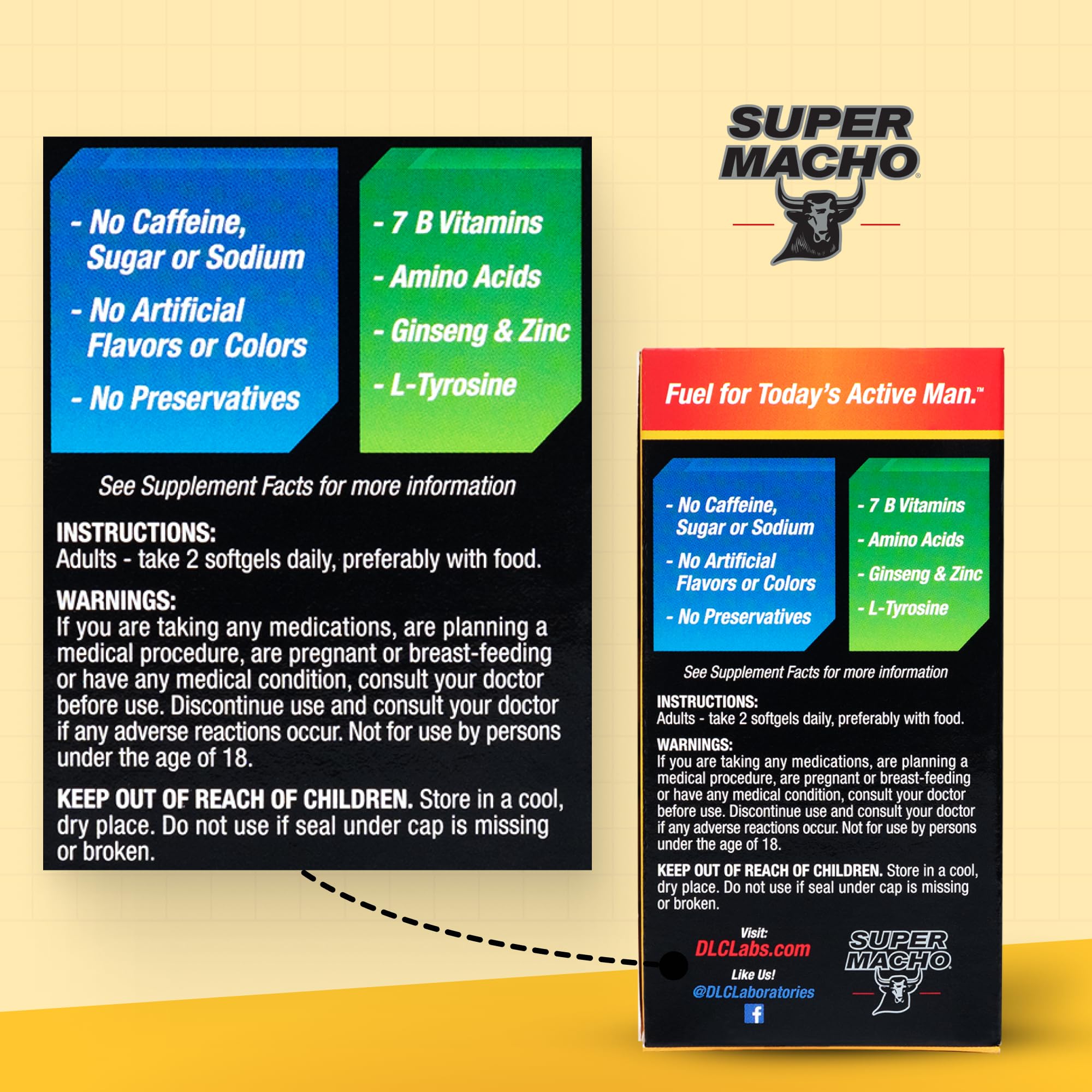 Super Macho, High Potency B Vitamins and Amino Acids, Fuel for Today's Active Men, No Caffeine, No Sugar, Dietary Supplement, Made in USA,50 Softgels - TrustMedUSA