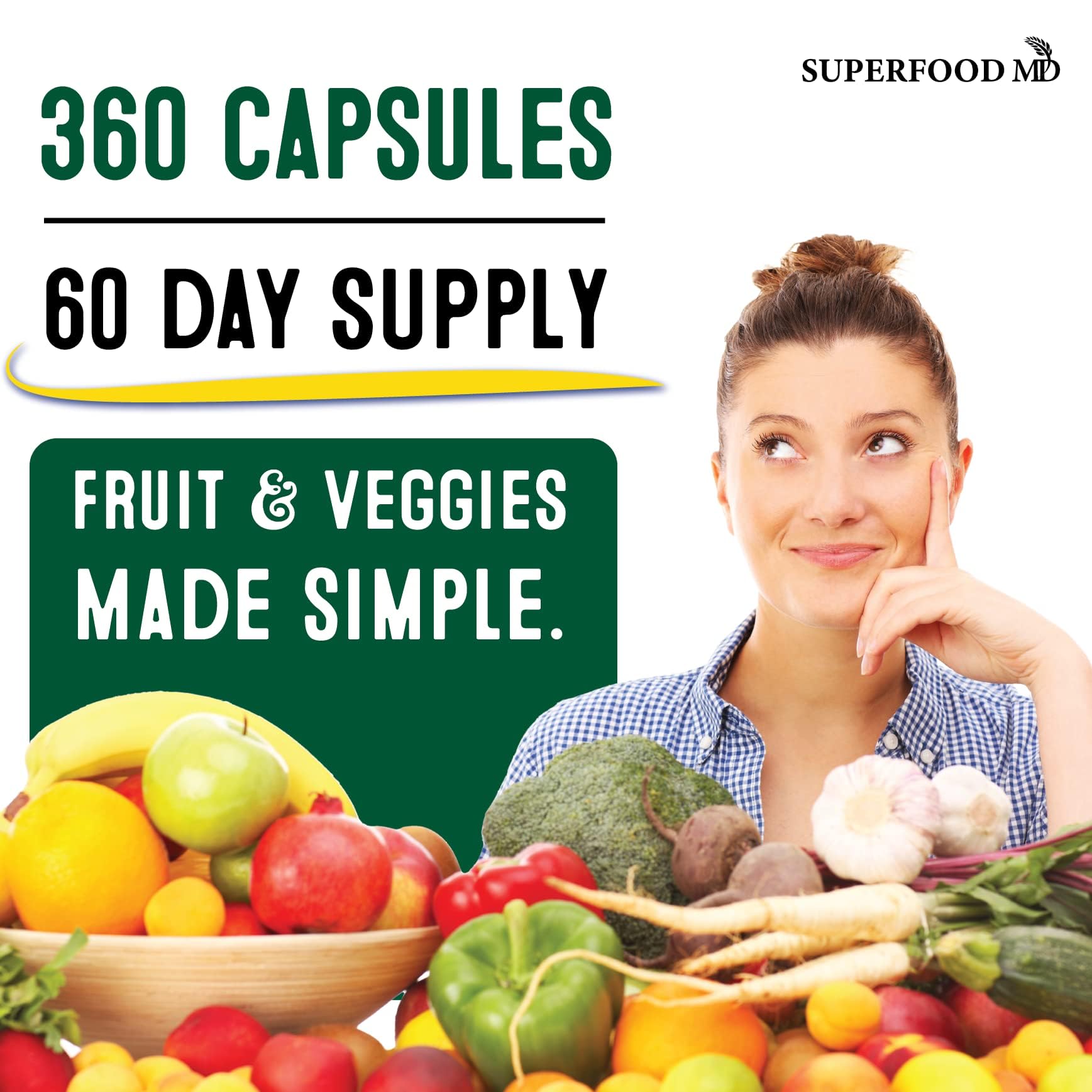 Superfood Fruit and Veggie Supplement - 360 Whole Super Fruit and Vegetable Supplements & Vitamin with Beta-Carotene, Soy Free- 180 Count (Pack of 2) - TrustMedUSA