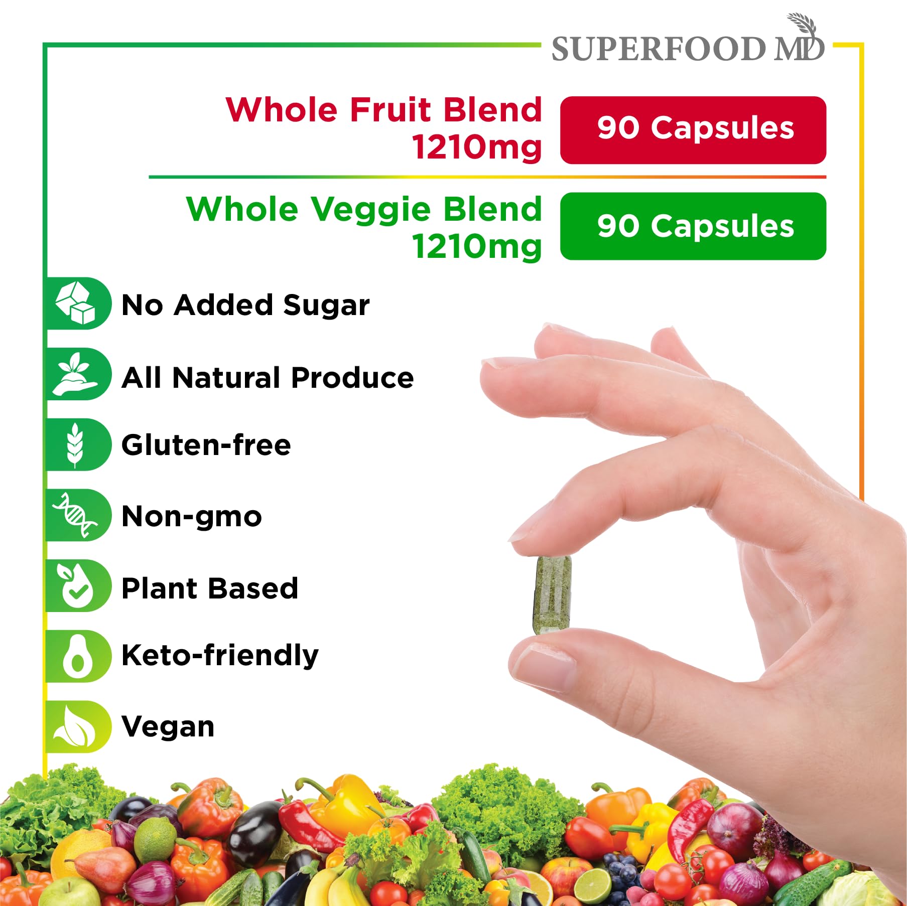 Superfood MD Fruits & Veggies Supplement - Whole Food Natural Superfoods - with Beta Carotene - Soy Free- 90 Count (Pack of 2) - TrustMedUSA