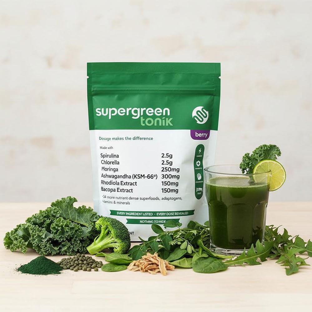 SUPERGREEN TONIK 100% Natural Greens Superfood Powder – Daily Supplement with 40 Superfoods, Vitamins and Minerals – Supports Energy, Stress and Immunity – 30 Days 360 Grams Berry Flavor (1 Bag) - TrustMedUSA