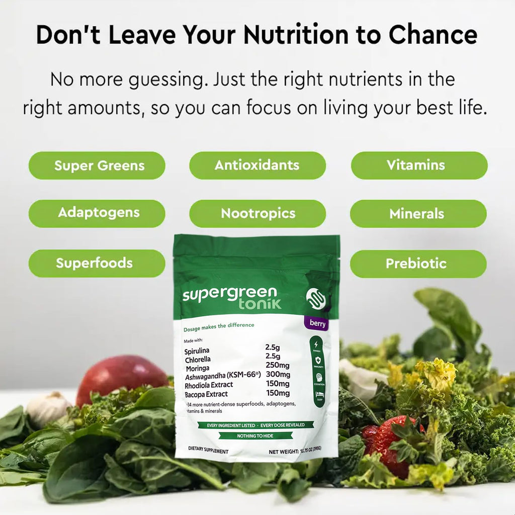 SUPERGREEN TONIK 100% Natural Greens Superfood Powder – Daily Supplement with 40 Superfoods, Vitamins and Minerals – Supports Energy, Stress and Immunity – 30 Days 360 Grams Berry Flavor (1 Bag) - TrustMedUSA