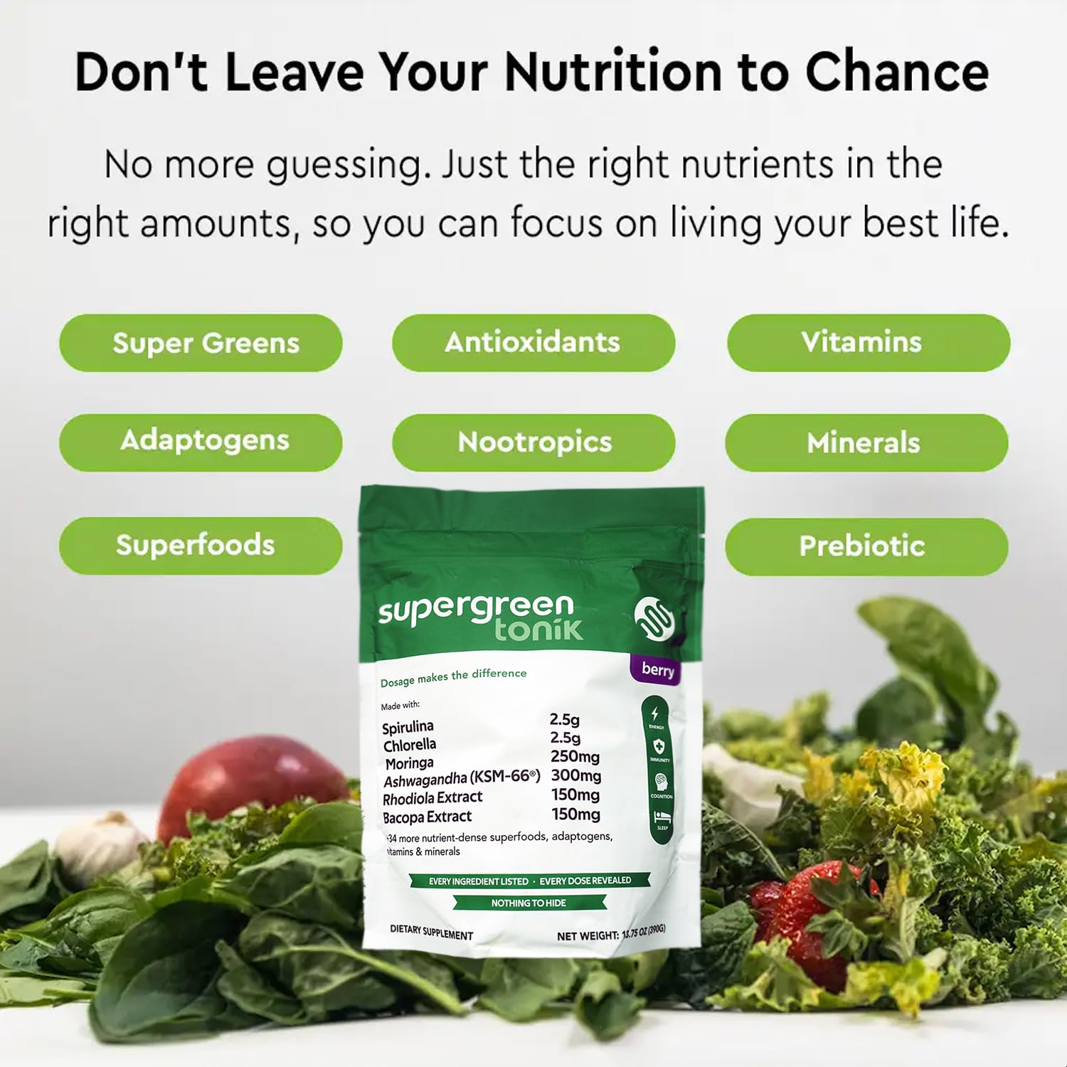 SUPERGREEN TONIK 100% Natural Greens Superfood Powder – Daily Supplement with 40 Superfoods, Vitamins and Minerals – Supports Energy, Stress and Immunity – 30 Days 360 Grams Berry Flavor (1 Bag) - TrustMedUSA