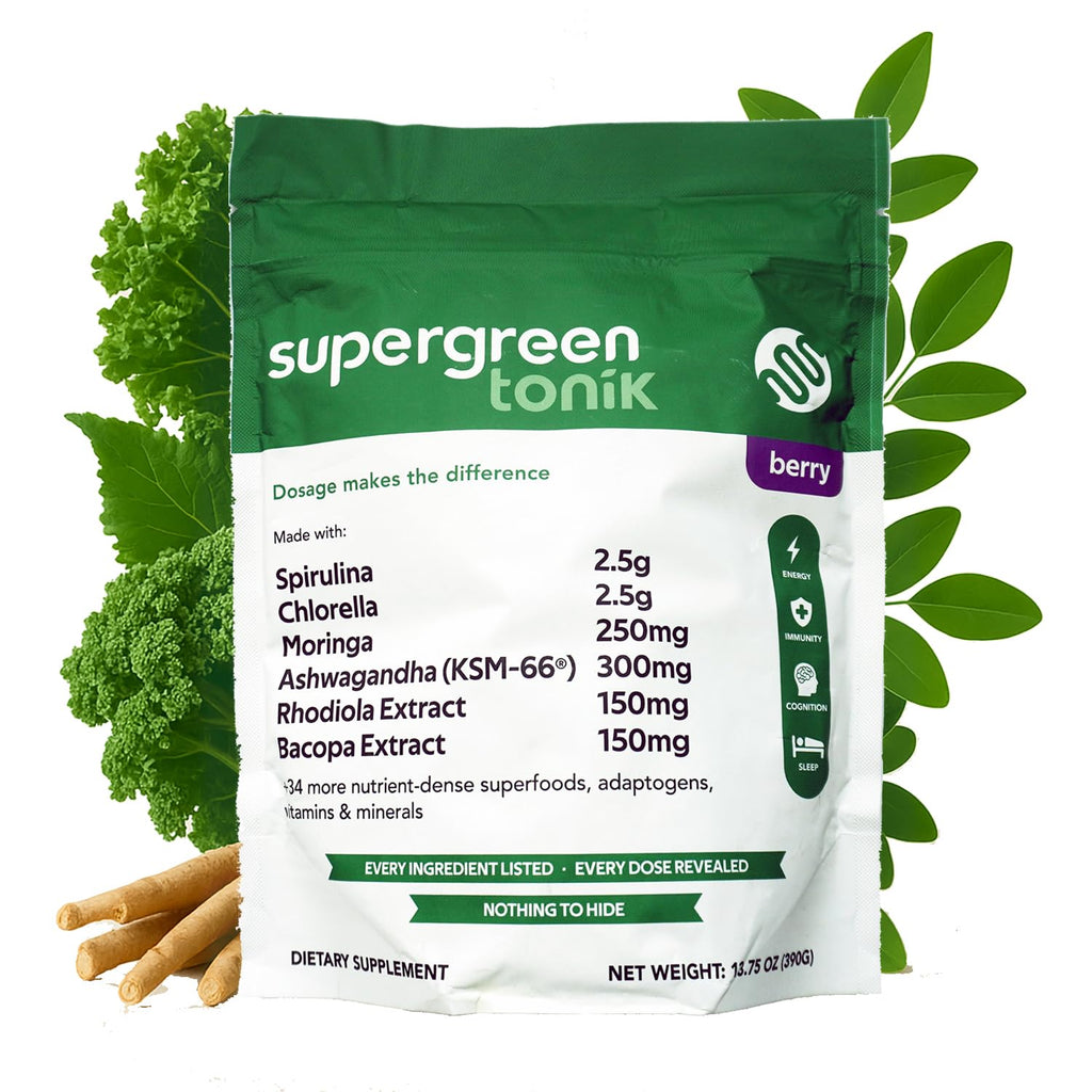 SUPERGREEN TONIK 100% Natural Greens Superfood Powder – Daily Supplement with 40 Superfoods, Vitamins and Minerals – Supports Energy, Stress and Immunity – 30 Days 360 Grams Berry Flavor (1 Bag) - TrustMedUSA