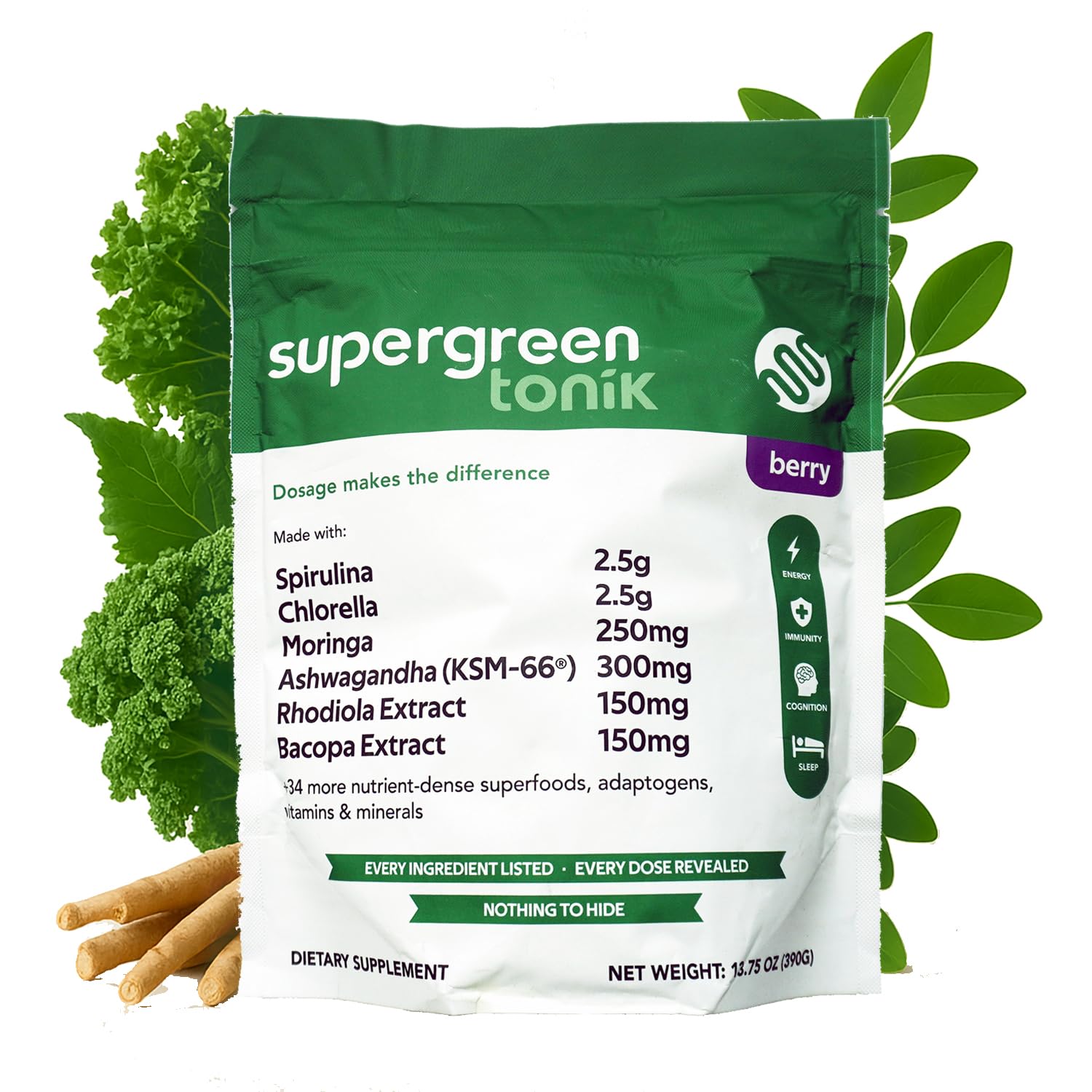 SUPERGREEN TONIK 100% Natural Greens Superfood Powder – Daily Supplement with 40 Superfoods, Vitamins and Minerals – Supports Energy, Stress and Immunity – 30 Days 360 Grams Berry Flavor (1 Bag) - TrustMedUSA