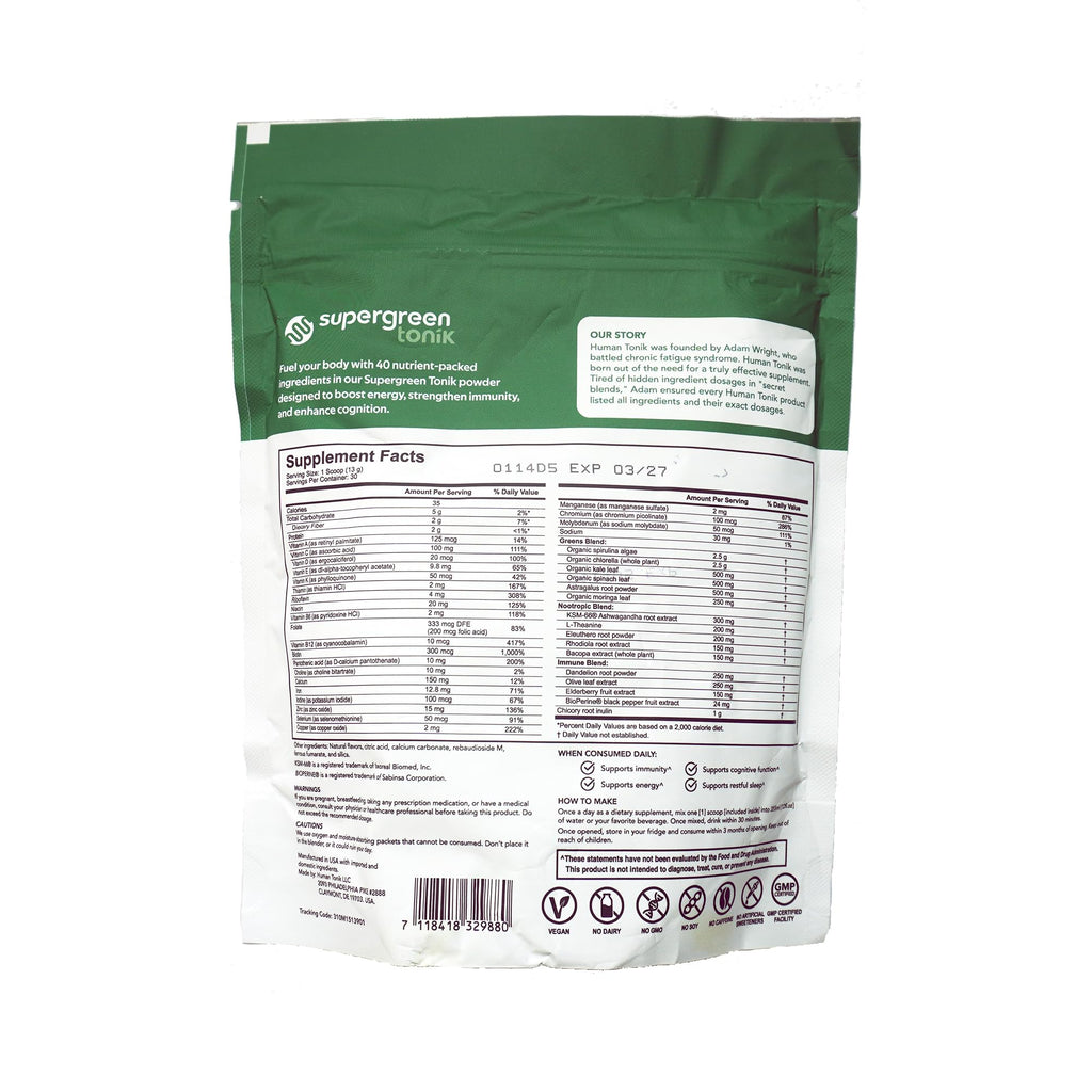 SUPERGREEN TONIK 100% Natural Greens Superfood Powder – Daily Supplement with 40 Superfoods, Vitamins and Minerals – Supports Energy, Stress and Immunity – 30 Days 360 Grams Berry Flavor (1 Bag) - TrustMedUSA