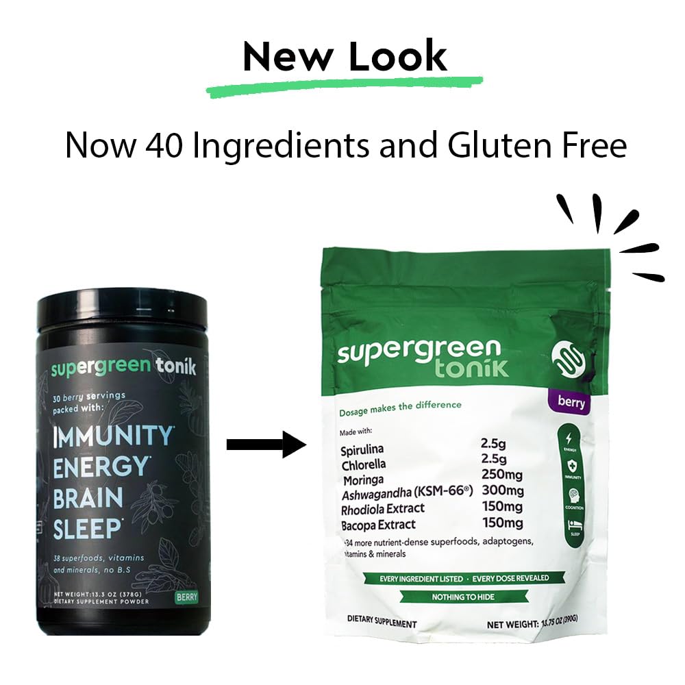 SUPERGREEN TONIK 100% Natural Greens Superfood Powder – Daily Supplement with 40 Superfoods, Vitamins and Minerals – Supports Energy, Stress and Immunity – 30 Days 360 Grams Berry Flavor (1 Bag) - TrustMedUSA