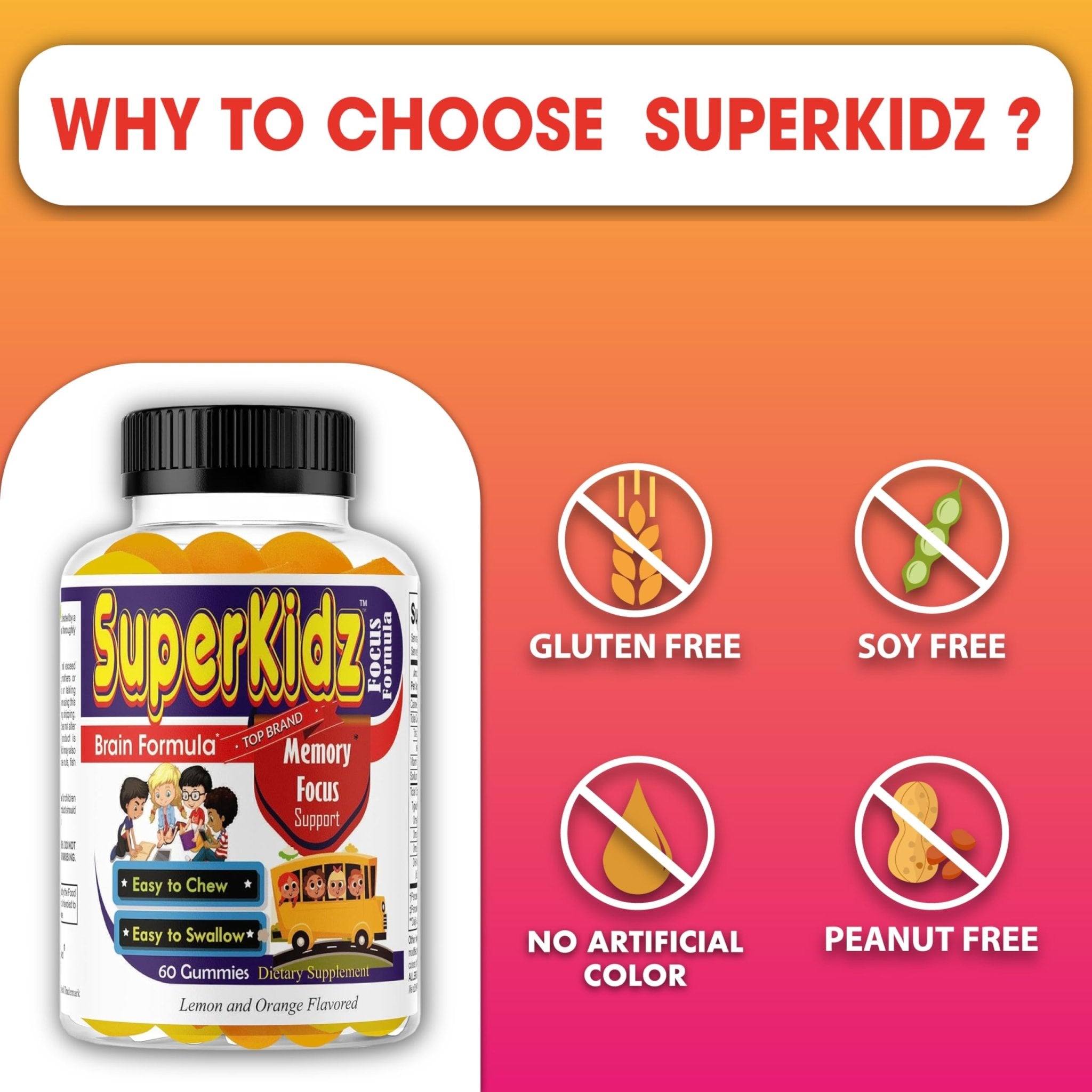 Superkids Focus Gummies for Kids, Omega 3 Gummy Kids Focus and Attention Supplements, Teen Brain Focus Vitamins, Non-GMO Gummy Vitamins, Tasty Lemon & Orange, 60 Count - TrustMedUSA