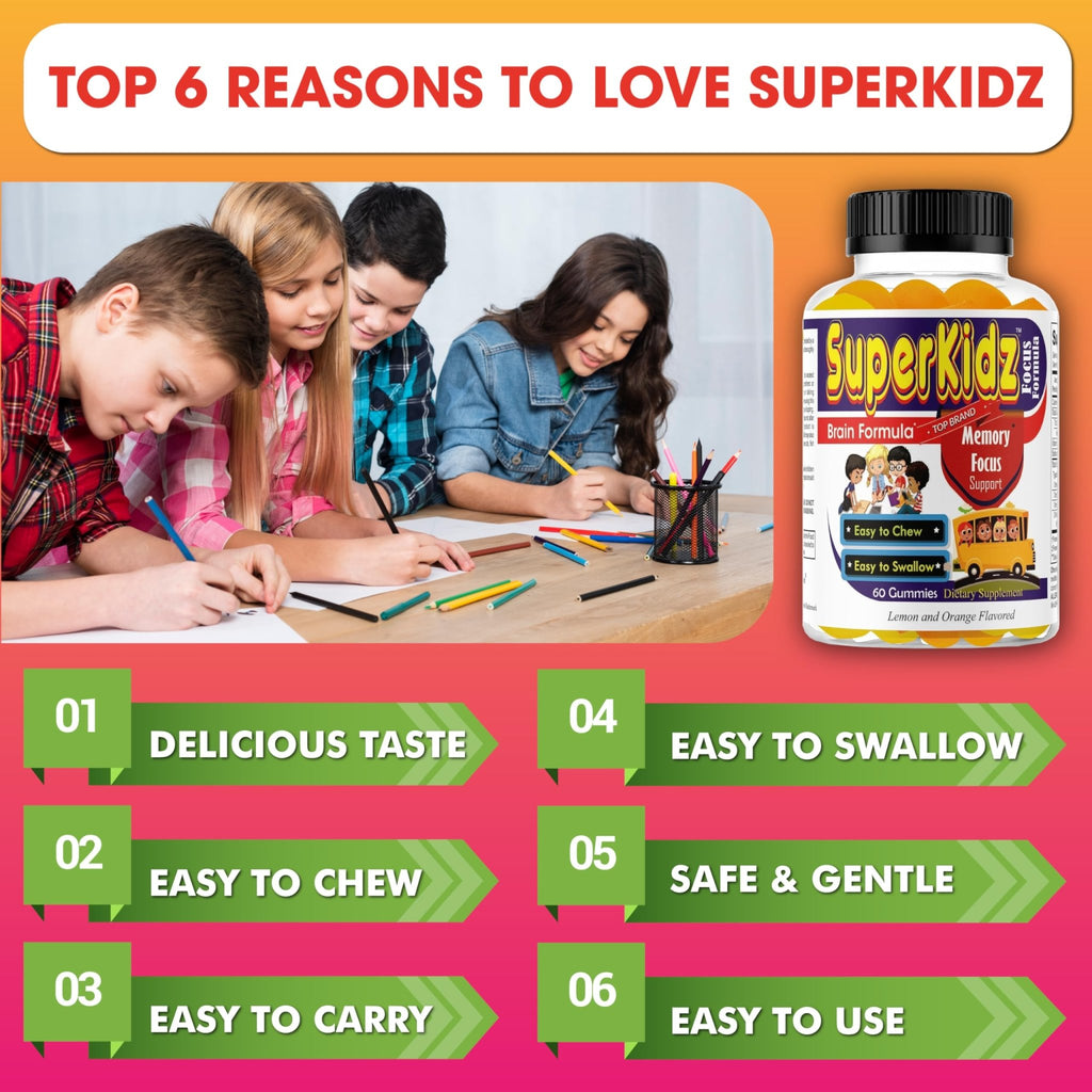 Superkids Focus Gummies for Kids, Omega 3 Gummy Kids Focus and Attention Supplements, Teen Brain Focus Vitamins, Non-GMO Gummy Vitamins, Tasty Lemon & Orange, 60 Count - TrustMedUSA