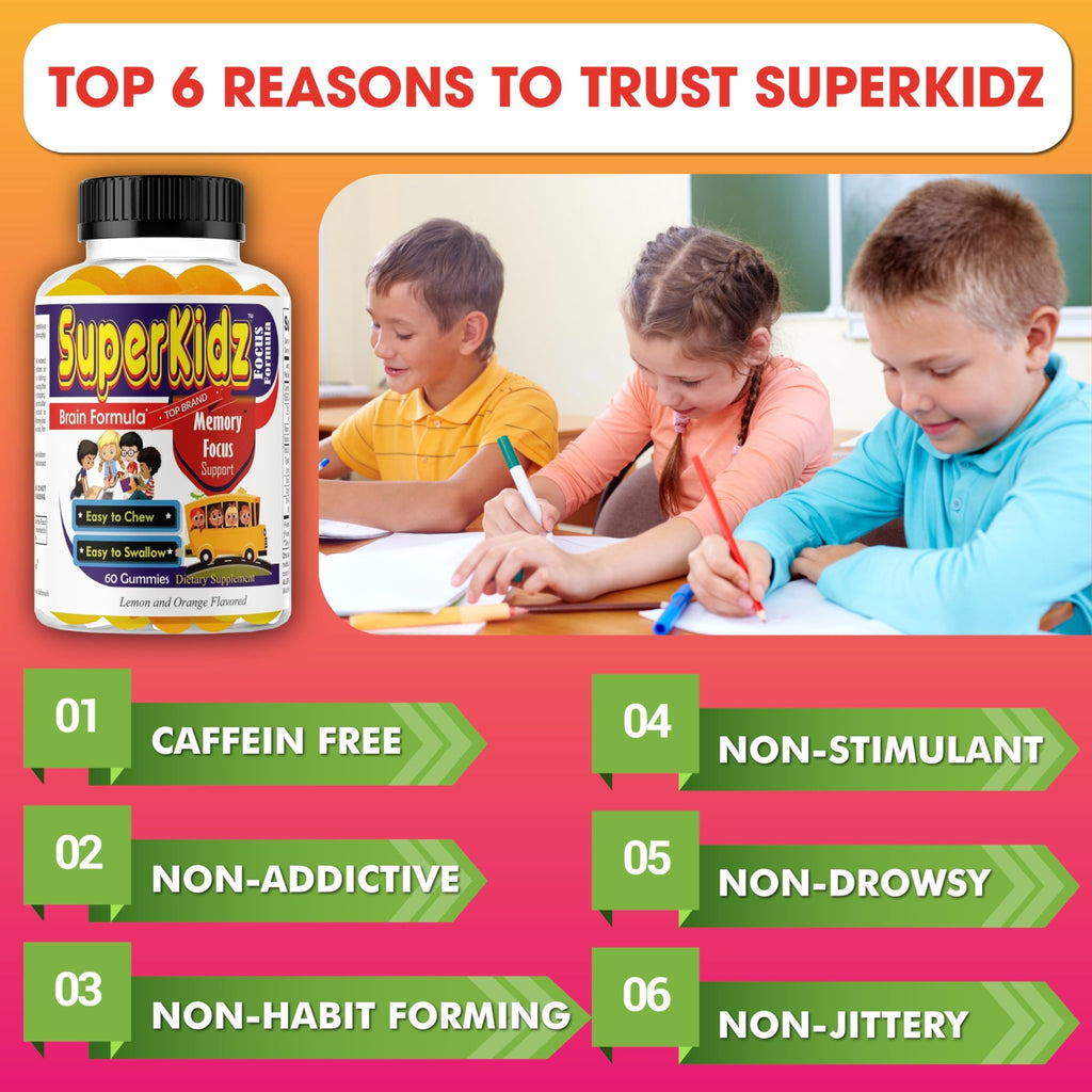 Superkids Focus Gummies for Kids, Omega 3 Gummy Kids Focus and Attention Supplements, Teen Brain Focus Vitamins, Non-GMO Gummy Vitamins, Tasty Lemon & Orange, 60 Count - TrustMedUSA