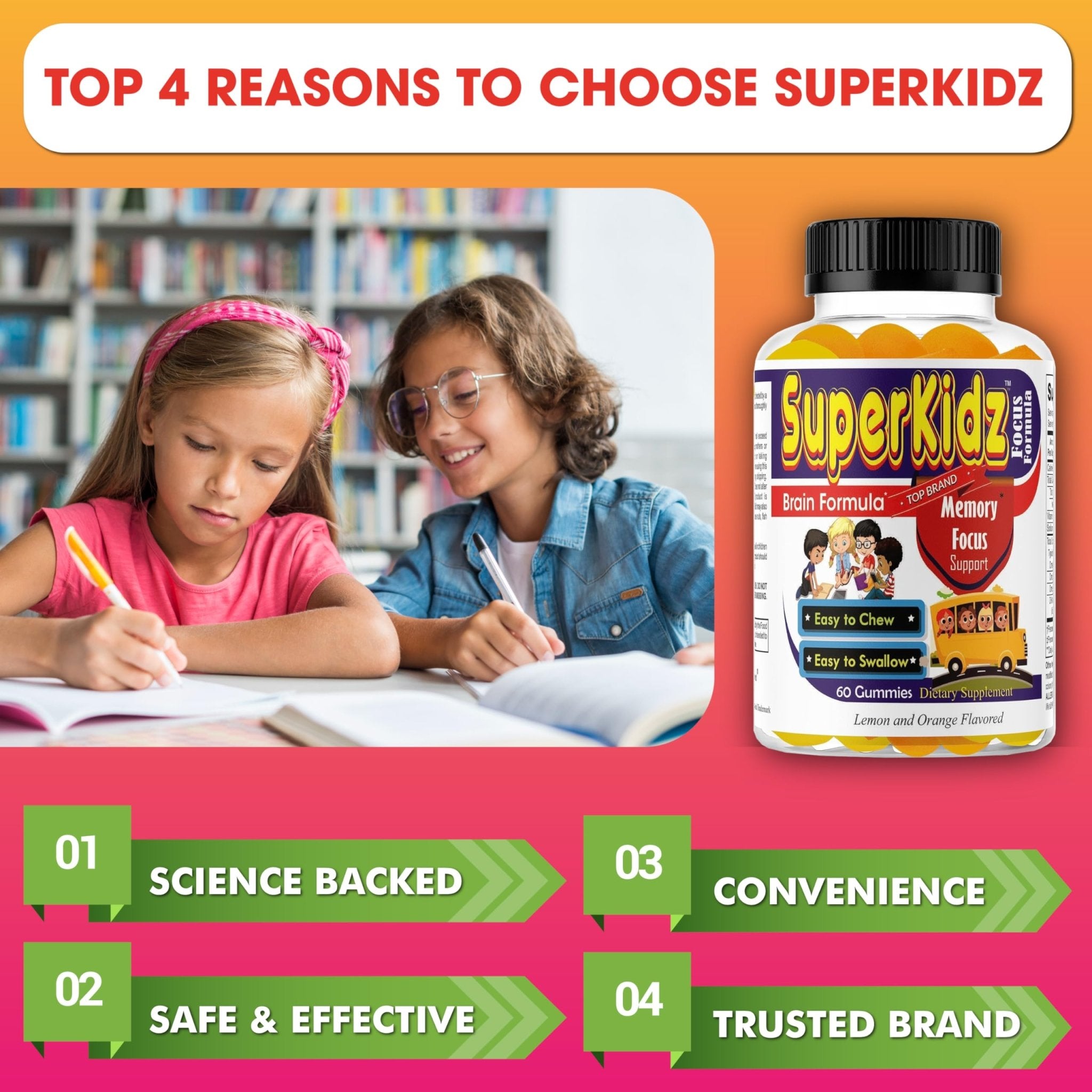 Superkids Focus Gummies for Kids, Omega 3 Gummy Kids Focus and Attention Supplements, Teen Brain Focus Vitamins, Non-GMO Gummy Vitamins, Tasty Lemon & Orange, 60 Count - TrustMedUSA