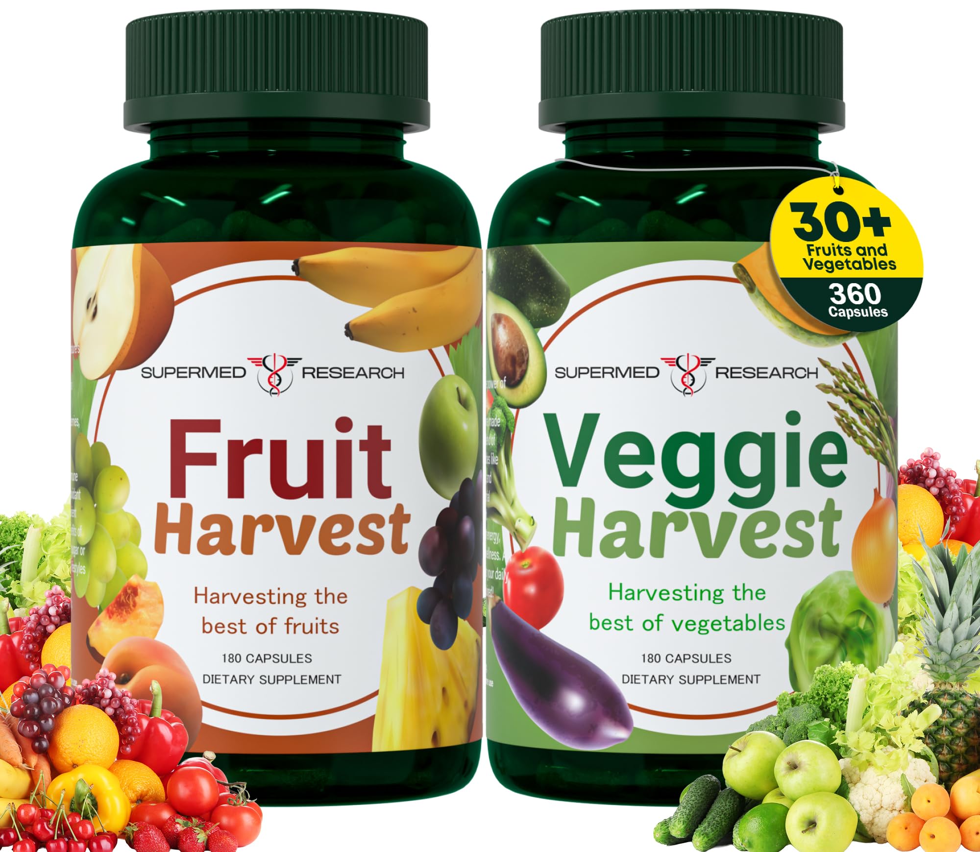 Supermed Research Fruits and Vegetables Supplements – 2 Pack Combination Fruit & Veggies Supplement – Whole Food Vitamins & Minerals for Adults – Superfood Veggie Vitamins for Adults (180 x 2, 360 Ct) - TrustMedUSA