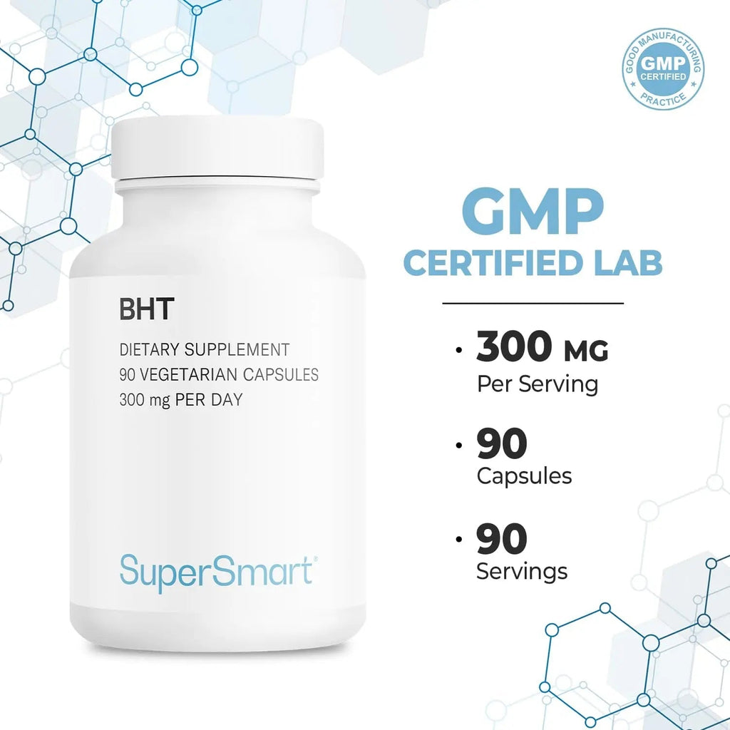 Supersmart - BHT Supplement 300mg per Day - Butylated Hydroxytoluene | Non-GMO & Gluten Free - 90 Vegetarian Capsules - TrustMedUSA