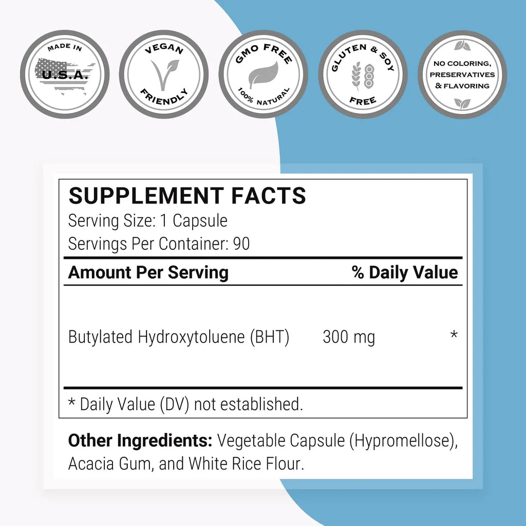 Supersmart - BHT Supplement 300mg per Day - Butylated Hydroxytoluene | Non-GMO & Gluten Free - 90 Vegetarian Capsules - TrustMedUSA