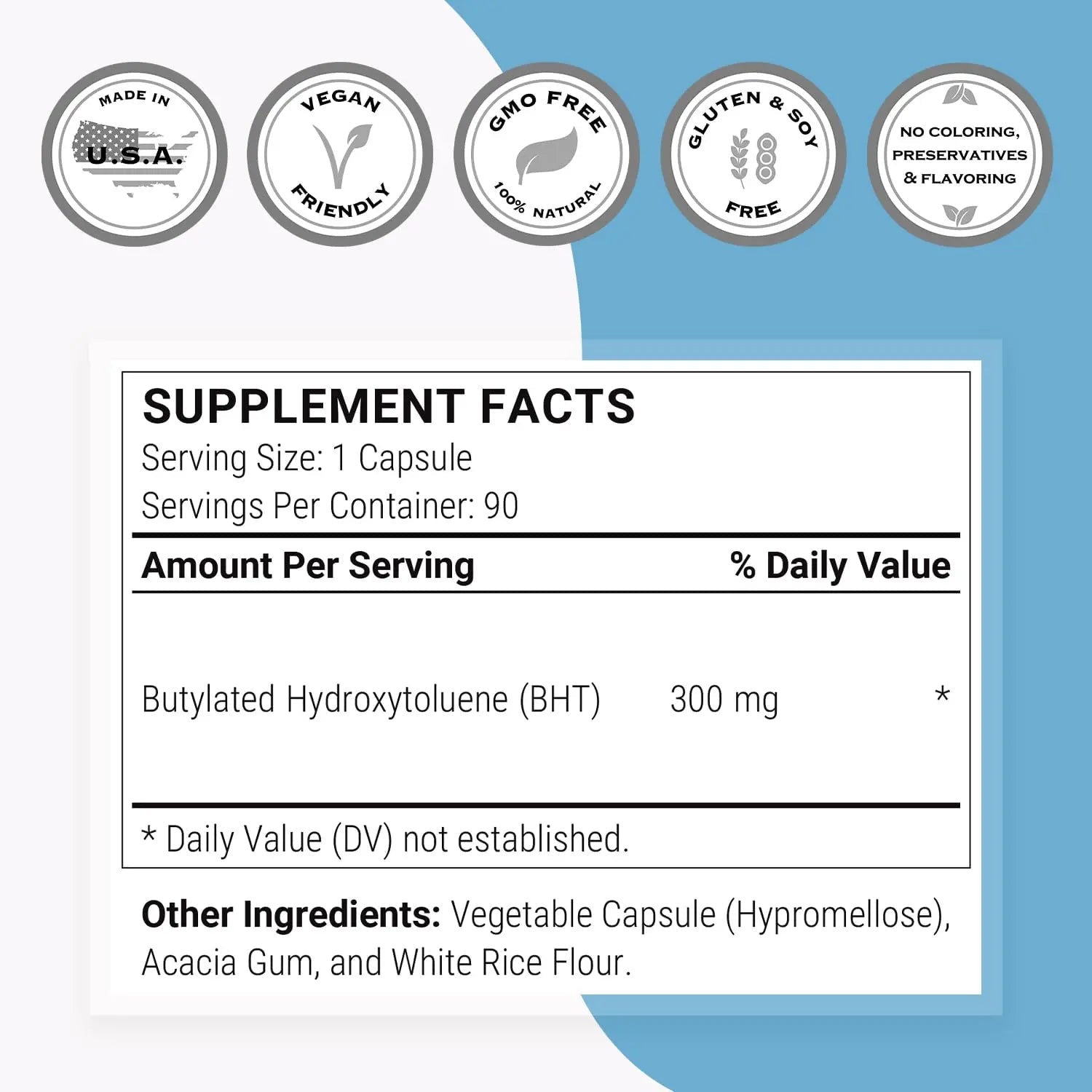 Supersmart - BHT Supplement 300mg per Day - Butylated Hydroxytoluene | Non-GMO & Gluten Free - 90 Vegetarian Capsules - TrustMedUSA