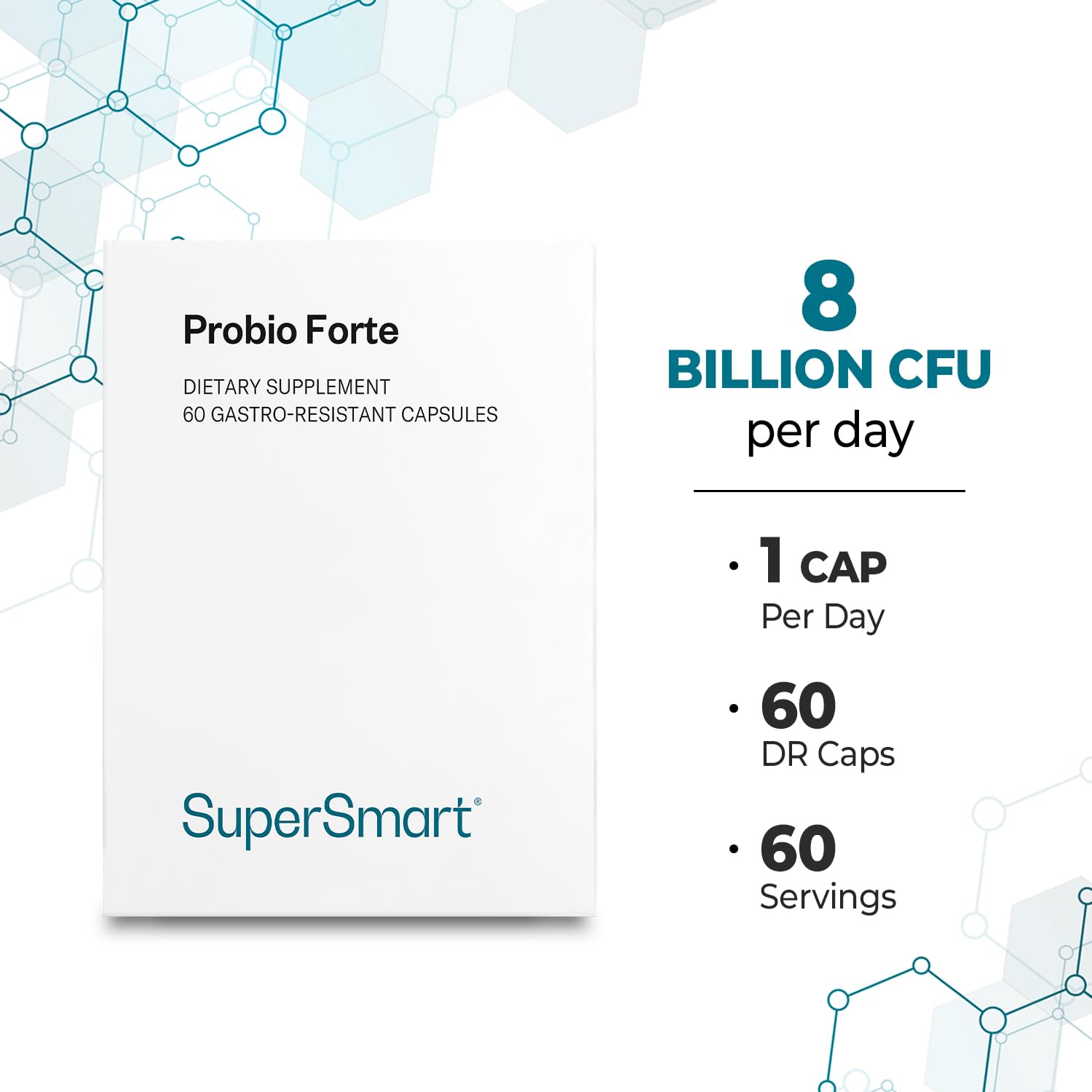 Supersmart - Probio Forte 8 Billion CFU per Capsule (Advanced Formula) - Daily Probiotics Supplement for Women & Men | Non-GMO & Gluten-Free - 60 DR Caps - TrustMedUSA