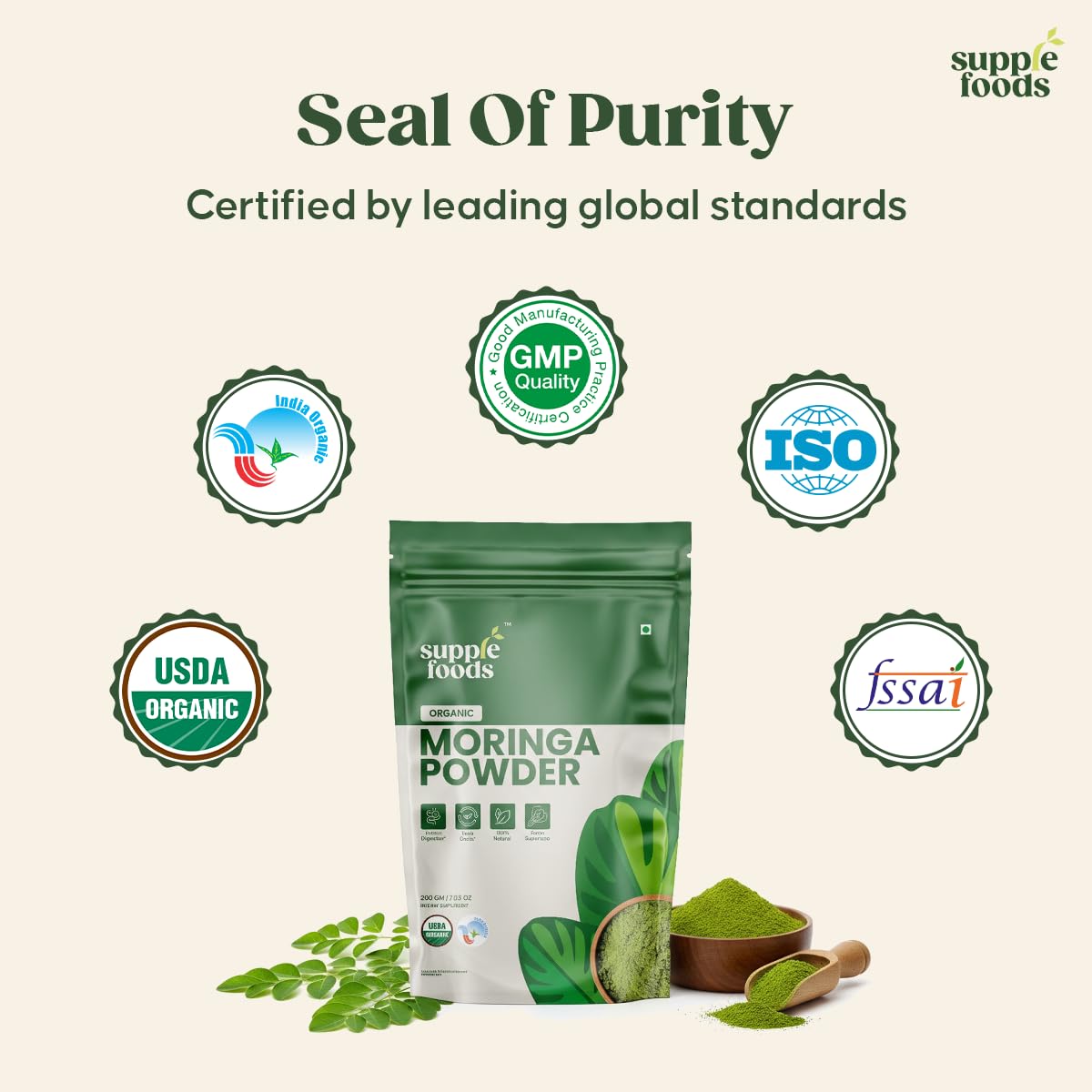 supplefoods Organic Moringa Powder 200 g / 7.05 oz | 100% Natural Green Superfood | Assists Digestion & Daily Detox | Finely Milled Moringa Leaf Powder | USDA Certified Organic Dietary Supplement - TrustMedUSA