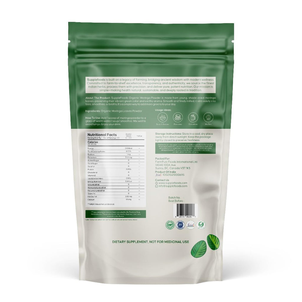 supplefoods Organic Moringa Powder 200 g / 7.05 oz | 100% Natural Green Superfood | Assists Digestion & Daily Detox | Finely Milled Moringa Leaf Powder | USDA Certified Organic Dietary Supplement - TrustMedUSA