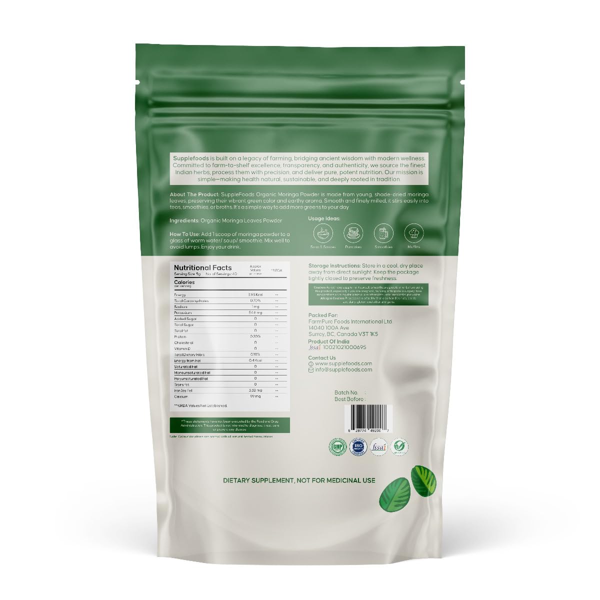 supplefoods Organic Moringa Powder 200 g / 7.05 oz | 100% Natural Green Superfood | Assists Digestion & Daily Detox | Finely Milled Moringa Leaf Powder | USDA Certified Organic Dietary Supplement - TrustMedUSA