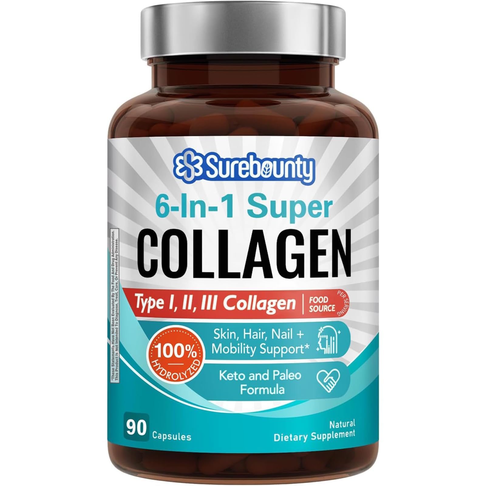 Surebounty Multi Collagen Complex, Type I, II, III, 6-in-1 Super Collagen with Vitamin C, Hyaluronic Acid, Biotin, Turmeric, Black Pepper, Keto, 90 Capsules - Maple Wellness Supplements