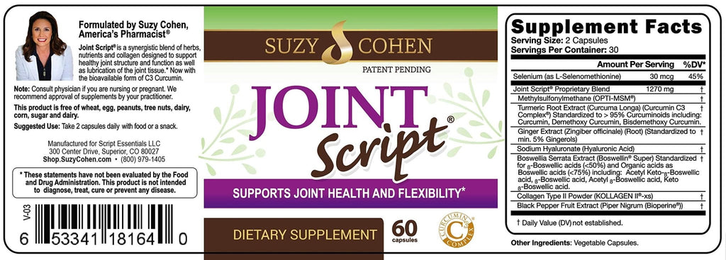 Suzy Cohen Joint Script Joint Support Supplement with Hyaluronic Acid, C3 Curcumin Turmeric Extract, MSM, Collagen Peptides, Ginger, and Boswellia for Maximum Flexibility, Tendon and Cartilage Health - TrustMedUSA