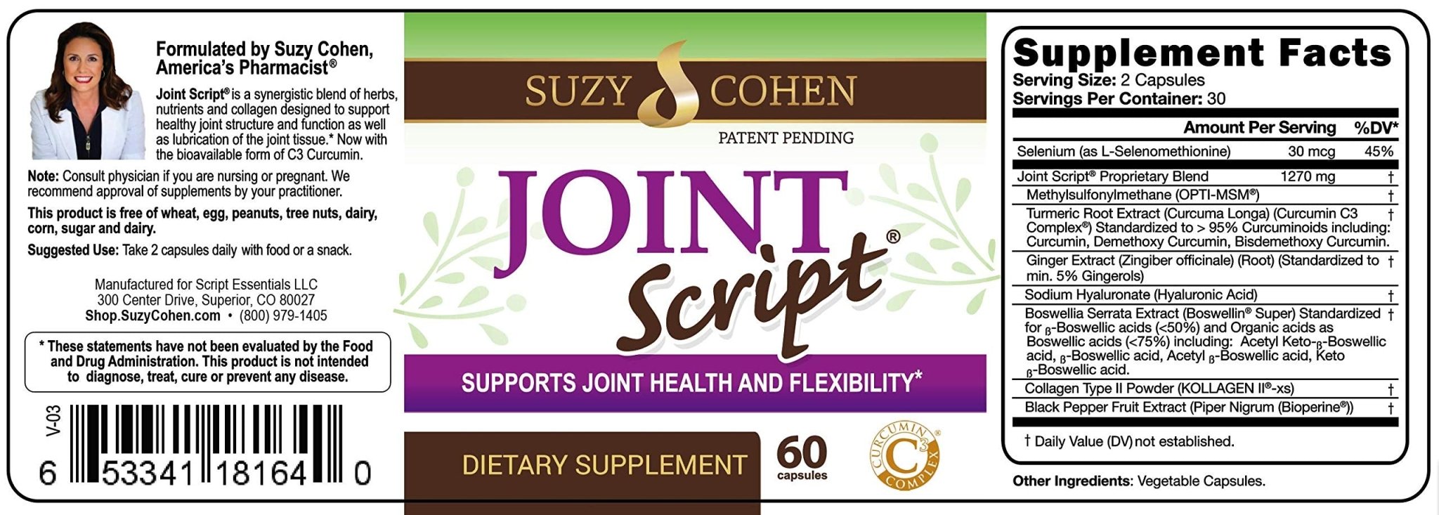 Suzy Cohen Joint Script Joint Support Supplement with Hyaluronic Acid, C3 Curcumin Turmeric Extract, MSM, Collagen Peptides, Ginger, and Boswellia for Maximum Flexibility, Tendon and Cartilage Health - TrustMedUSA