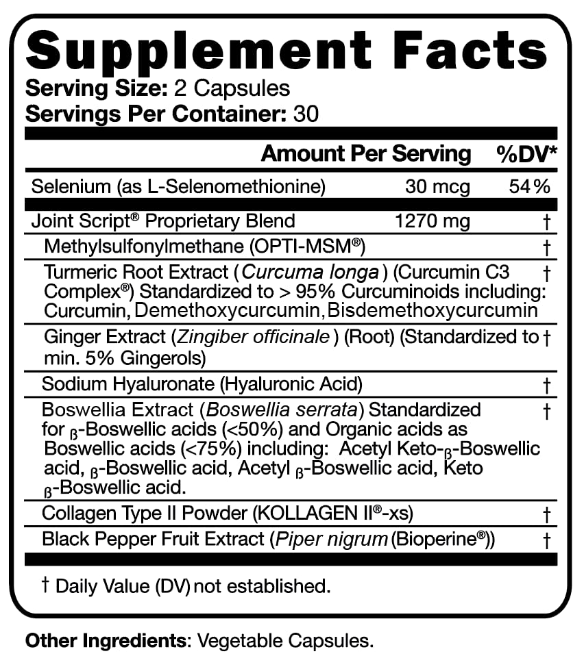 Suzy Cohen Joint Script Joint Support Supplement with Hyaluronic Acid, C3 Curcumin Turmeric Extract, MSM, Collagen Peptides, Ginger, and Boswellia for Maximum Flexibility, Tendon and Cartilage Health - TrustMedUSA