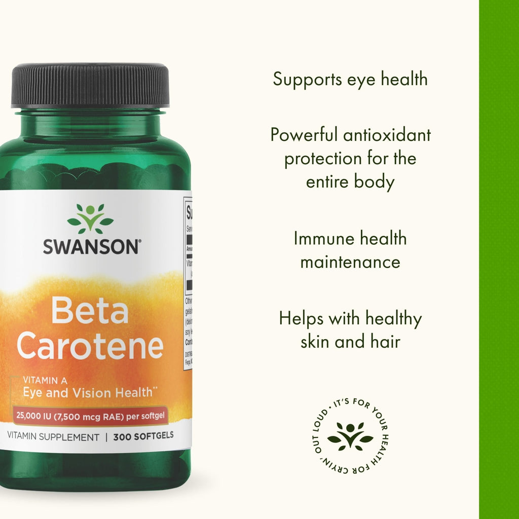 Swanson Beta-Carotene Vitamin A 25,000 IU Eye and Skin Health Supplement for Adults Seeking Vision and Immune Support - 7,500 mcg (300 Softgels) - TrustMedUSA