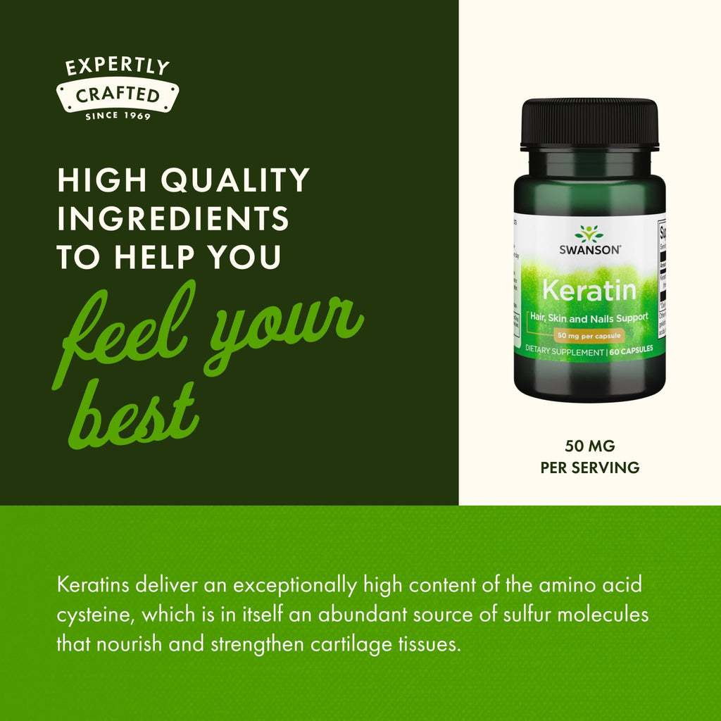 Swanson Keratin (from Tibetan Wool) - Natural Supplement Promoting Healthy Joints, Hair, Skin & Nails - Helps Nourish Healthy Connective Tissues - (60 Capsules, 50mg Each) - TrustMedUSA
