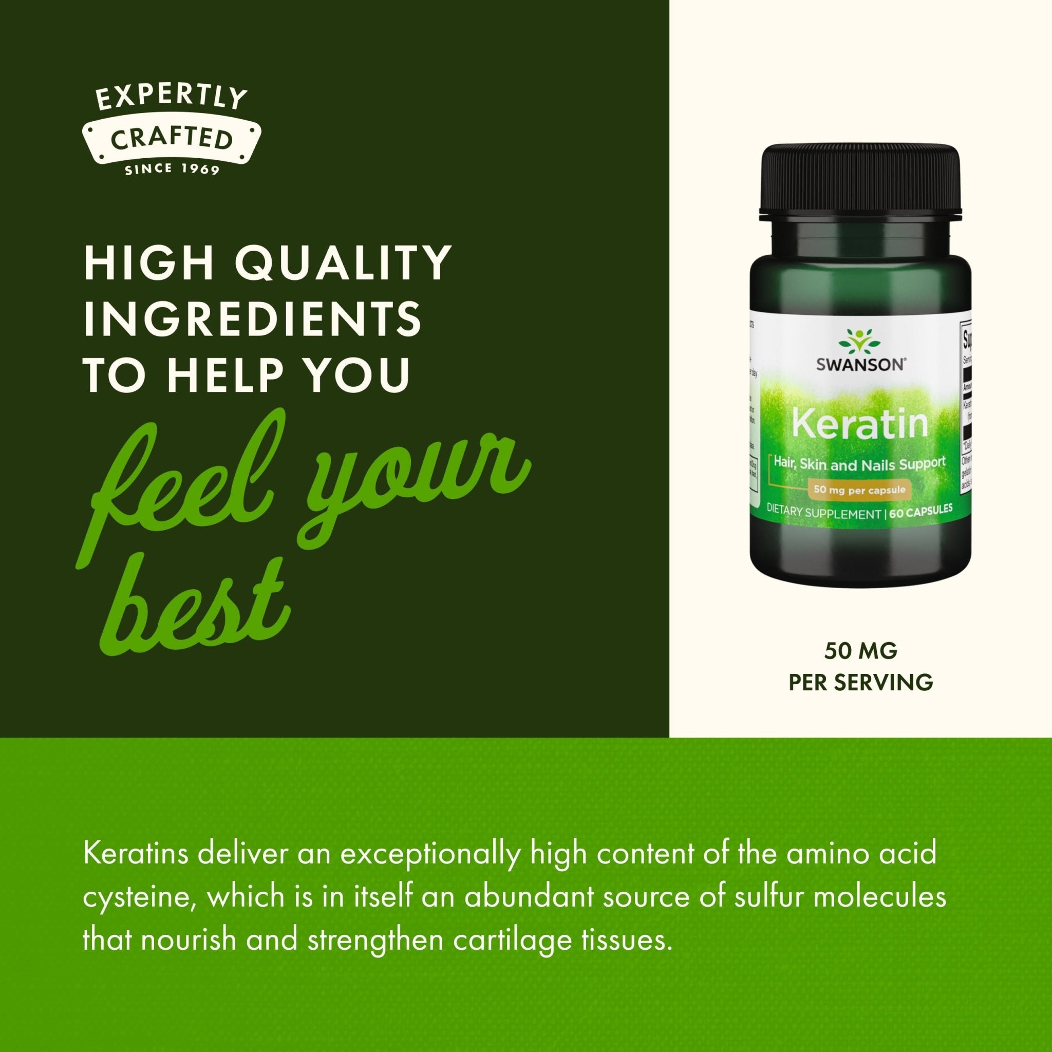 Swanson Keratin (from Tibetan Wool) - Natural Supplement Promoting Healthy Joints, Hair, Skin & Nails - Helps Nourish Healthy Connective Tissues - (60 Capsules, 50mg Each) - TrustMedUSA