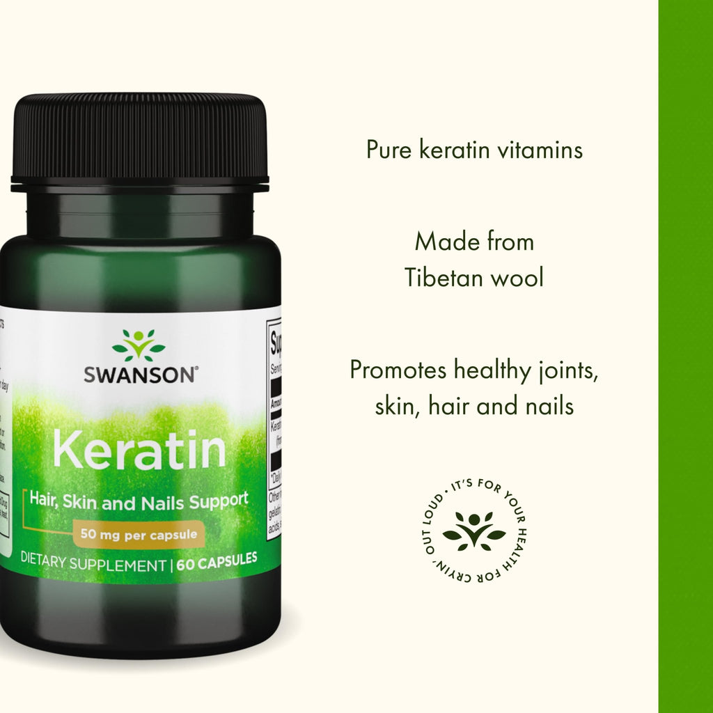 Swanson Keratin (from Tibetan Wool) - Natural Supplement Promoting Healthy Joints, Hair, Skin & Nails - Helps Nourish Healthy Connective Tissues - (60 Capsules, 50mg Each) - TrustMedUSA