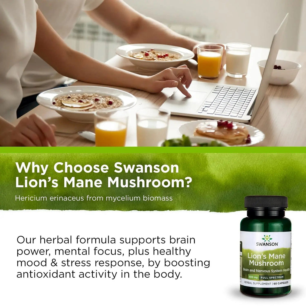 Swanson Lion's Mane Mushroom Capsules - 500 mg Each, 60 Capsules - TrustMedUSA