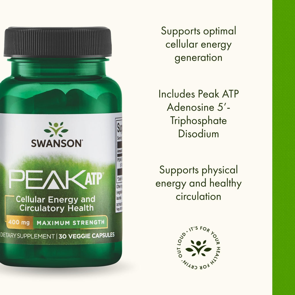 Swanson Maximum Strength Peak ATP-Natural Supplement Promoting Cellular Energy Support-Supports Physical Performance and Promotes Healthy Blood Flow Support-(30 Veggie Capsules, 400mg Each) 1 Pack - TrustMedUSA
