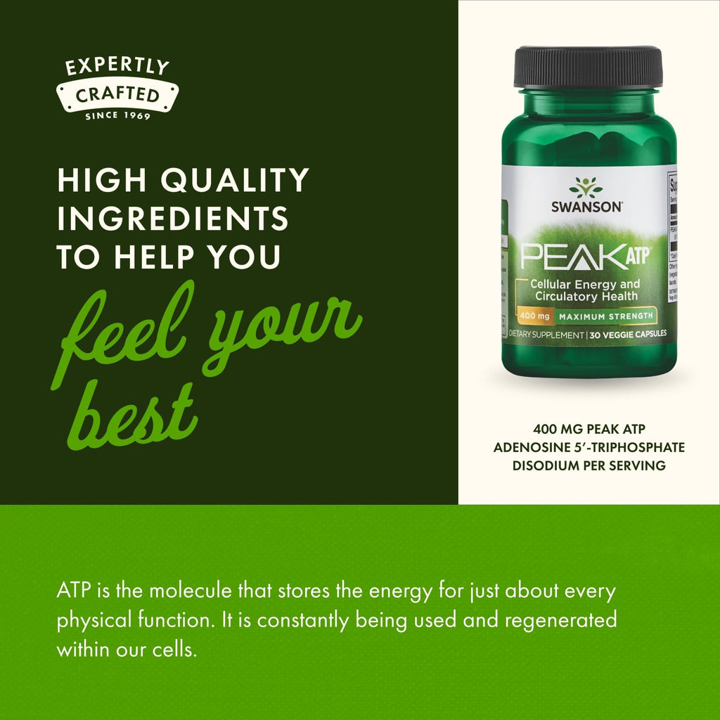 Swanson Maximum Strength Peak ATP-Natural Supplement Promoting Cellular Energy Support-Supports Physical Performance and Promotes Healthy Blood Flow Support-(30 Veggie Capsules, 400mg Each) 1 Pack - TrustMedUSA
