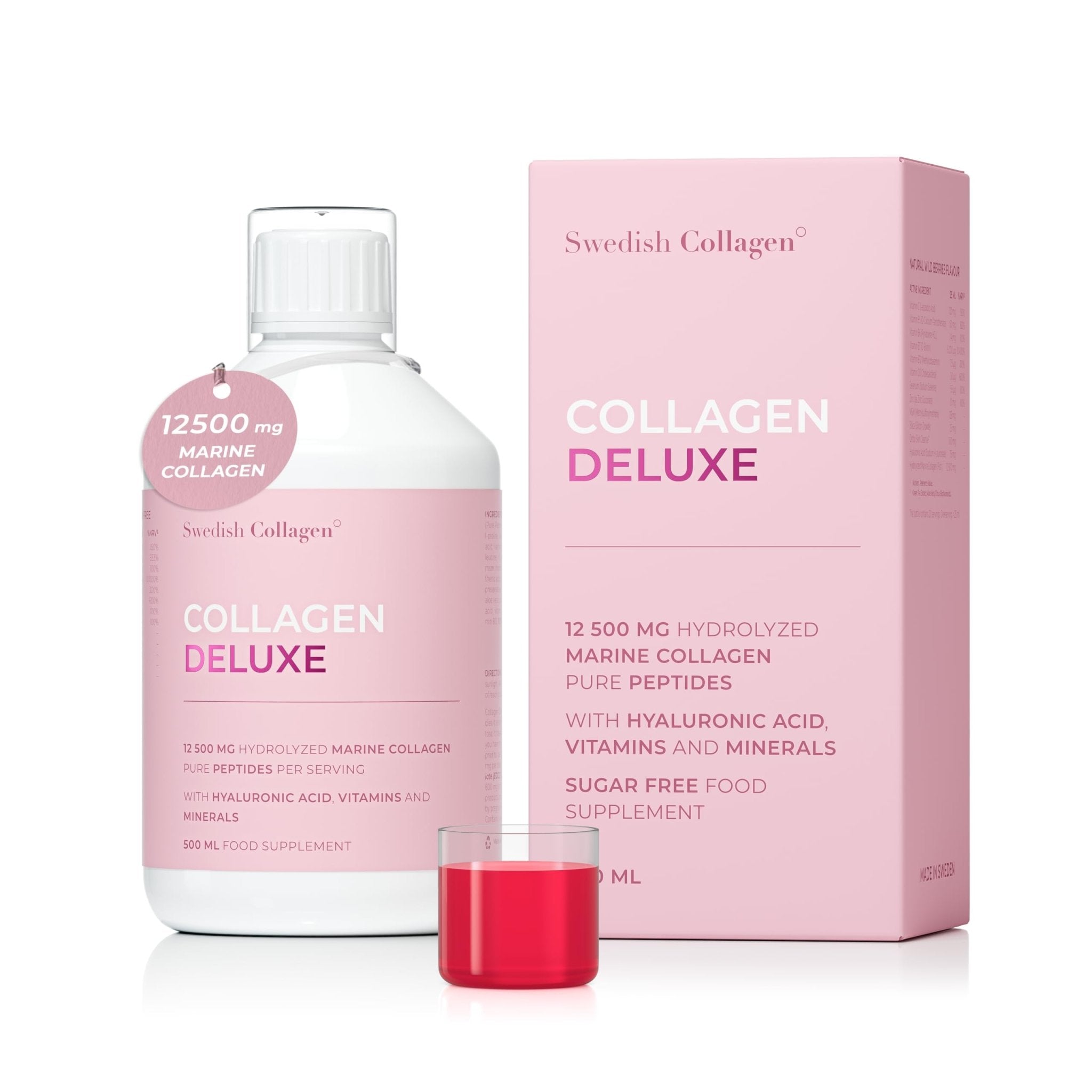 Swedish Collagen Deluxe 12,500 mg Hydrolyzed Marine Collagen Liquid Supplement - 20 Day Supply, 500 ml, Type 1 & 3 | Peptides & Vitamins for Hair, Skin, Nails, Joints | Clinically Tested | Sugar Free - Maple Wellness Supplements