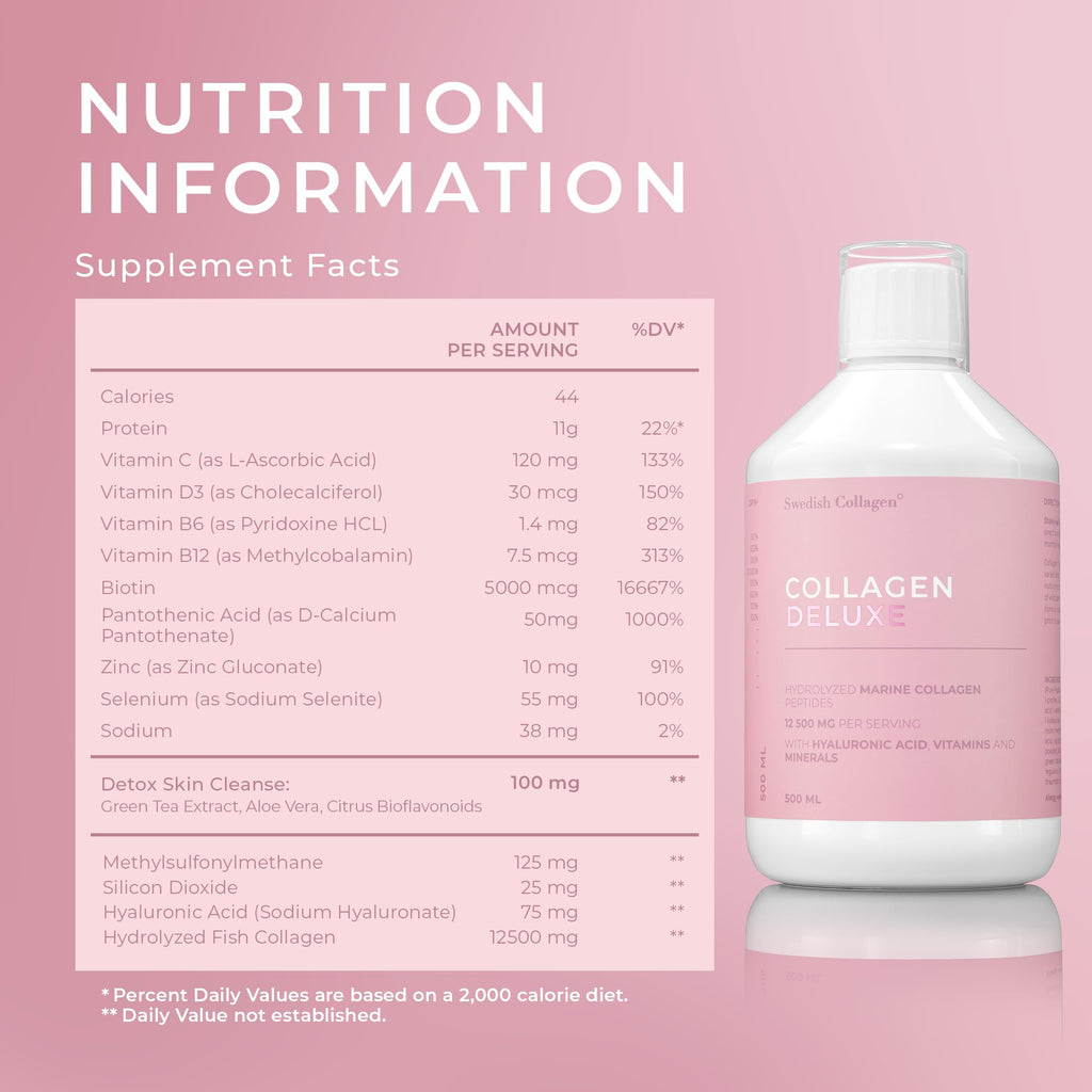 Swedish Collagen Deluxe 12,500 mg Hydrolyzed Marine Collagen Liquid Supplement - 20 Day Supply, 500 ml, Type 1 & 3 | Peptides & Vitamins for Hair, Skin, Nails, Joints | Clinically Tested | Sugar Free - Maple Wellness Supplements